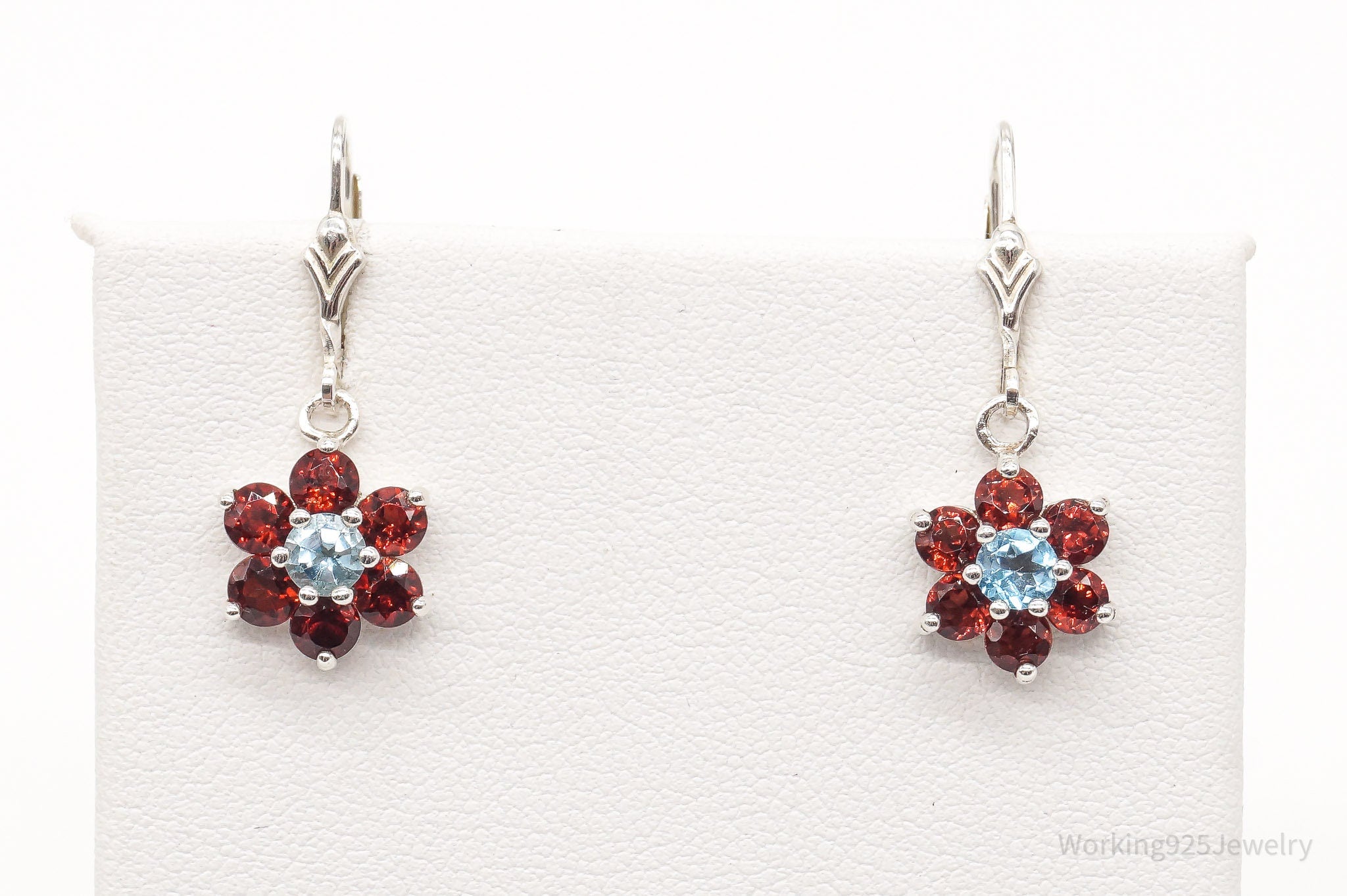 Vintage Blue Topaz Garnet Sterling Silver Flowers Earrings