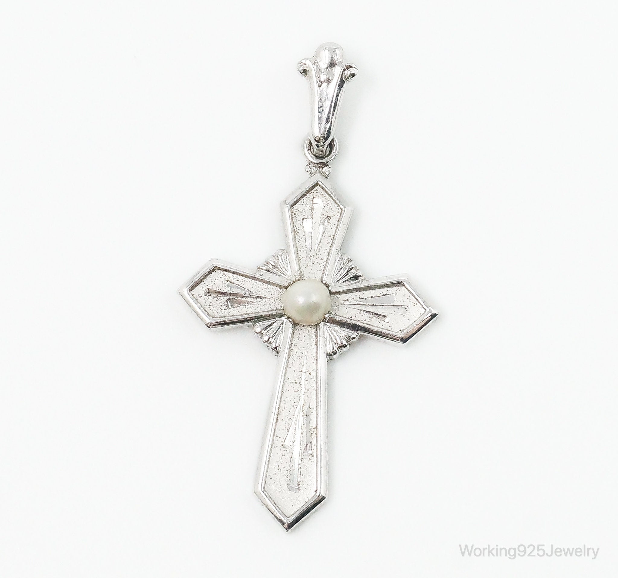 Vintage ANN GALE Pearl Cross Sterling Silver Necklace Pendant