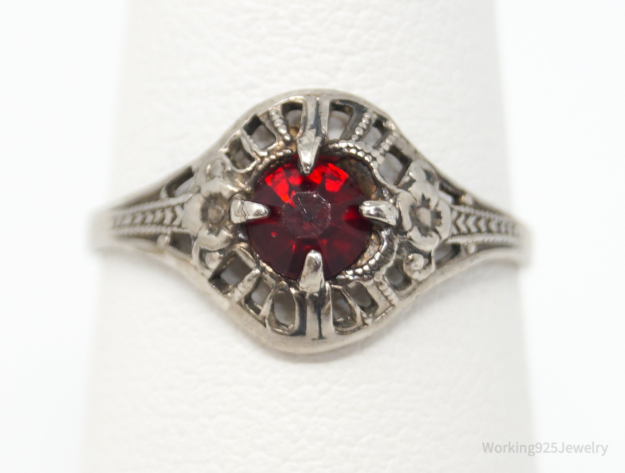 Antique Designer Red Art Glass Sterling Silver Ring - Size 5.75