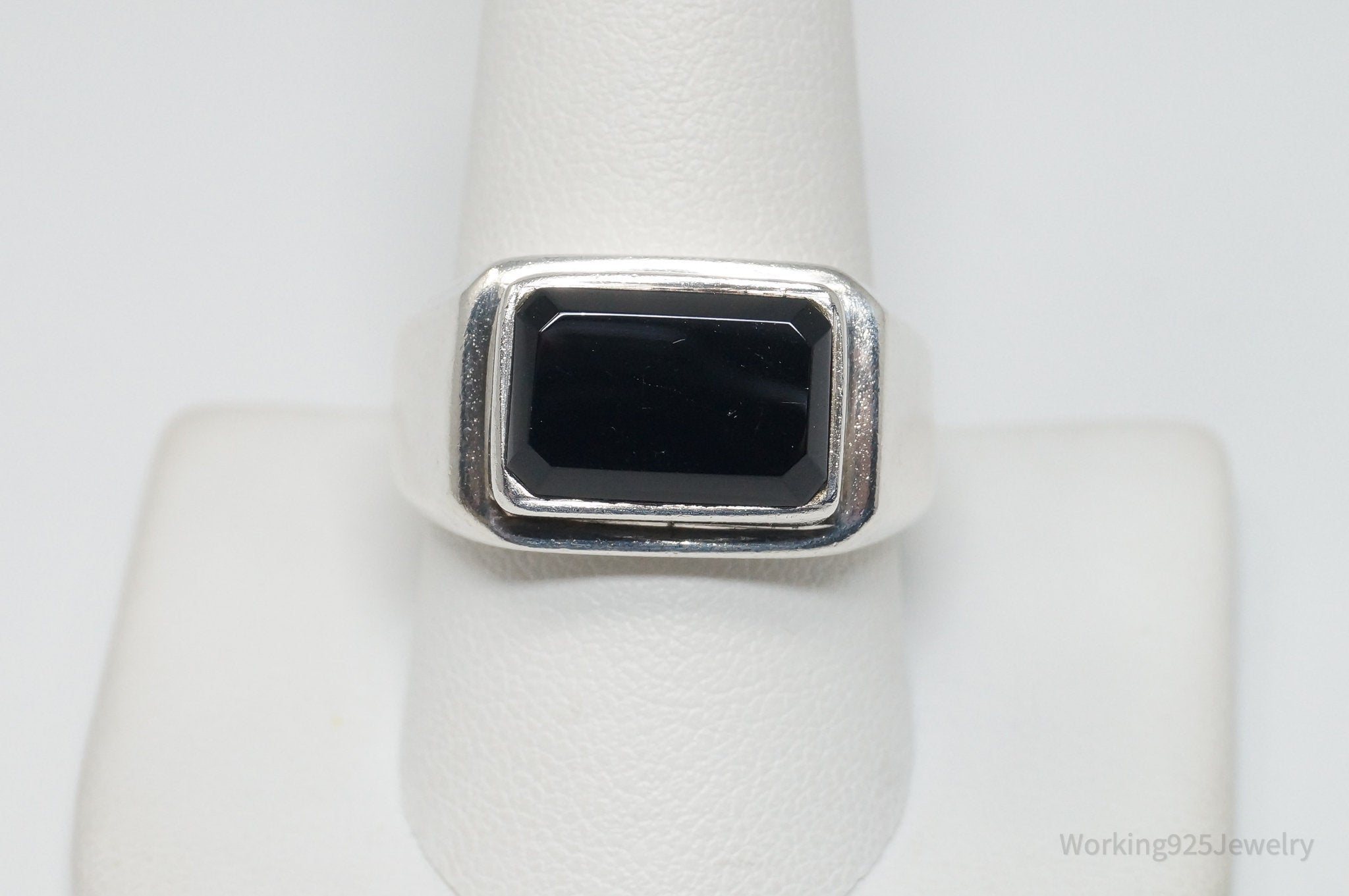 Vintage Black Onyx Art Deco Style Sterling Silver Ring - Size 10