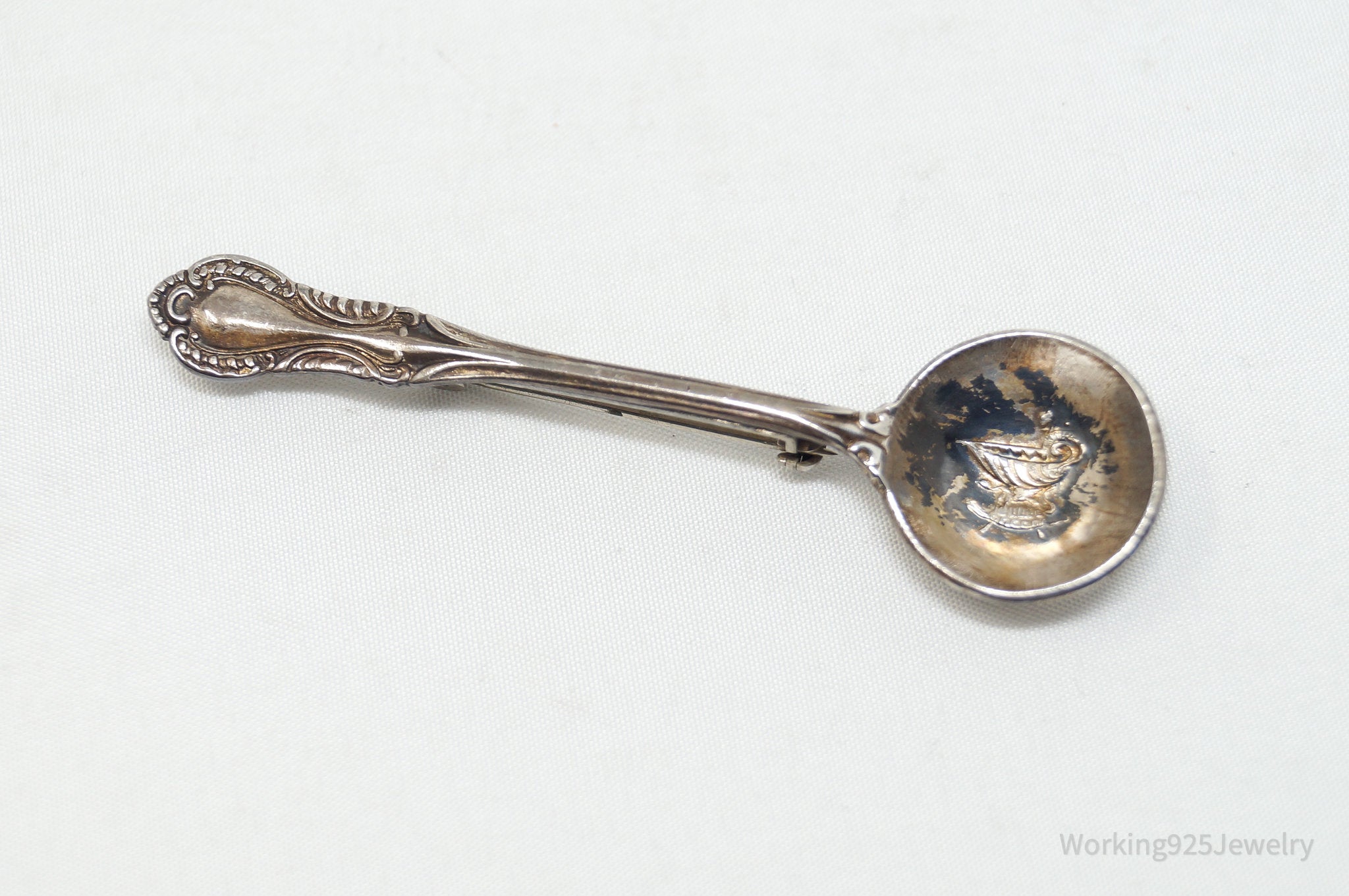 Antique Southern Colonial Fine Arts Floral Spoon Sterling Silver Brooch Pin