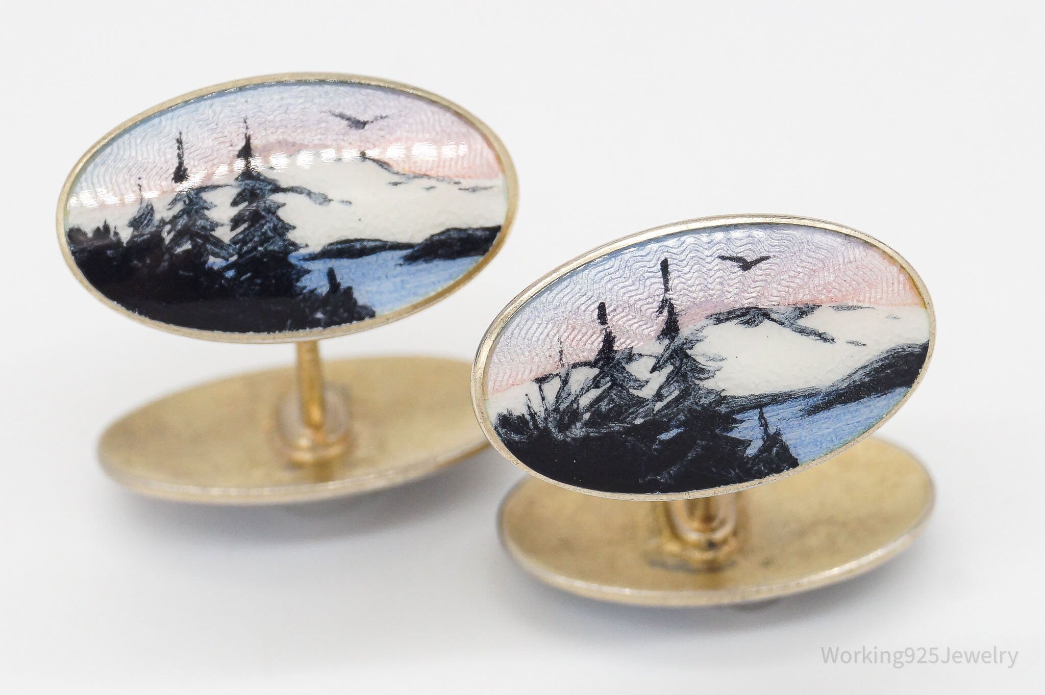 RARE Vintage Aksel Holmsen Enamel Mountain Gold Wash Sterling Silver Cufflinks