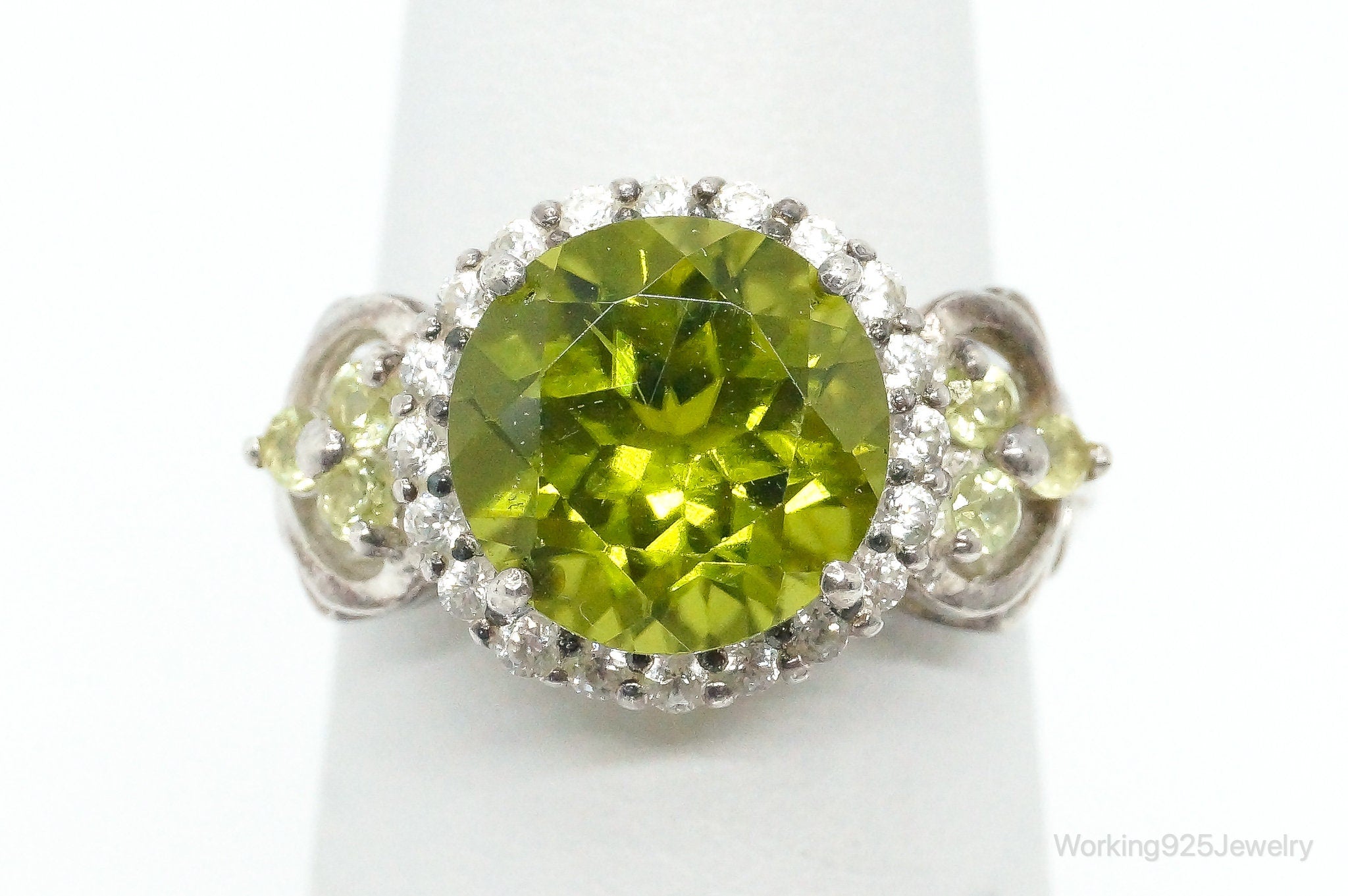 Designer KH Large Peridot Cubic Zirconia Sterling Silver Ring - Size 6