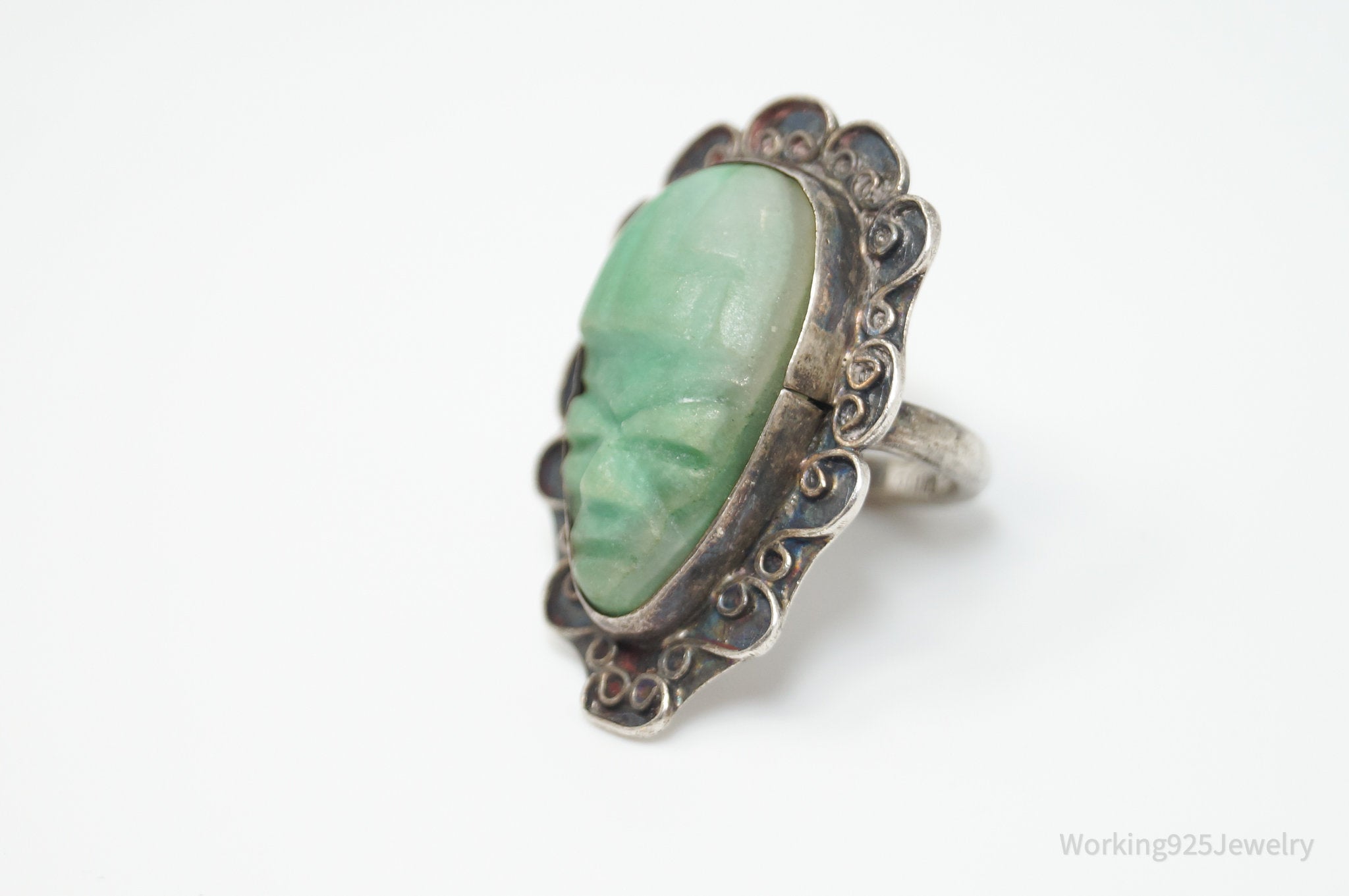 Vintage Aztec Sun God Face Carved Green Stone Sterling Silver Ring - Sz 5.75