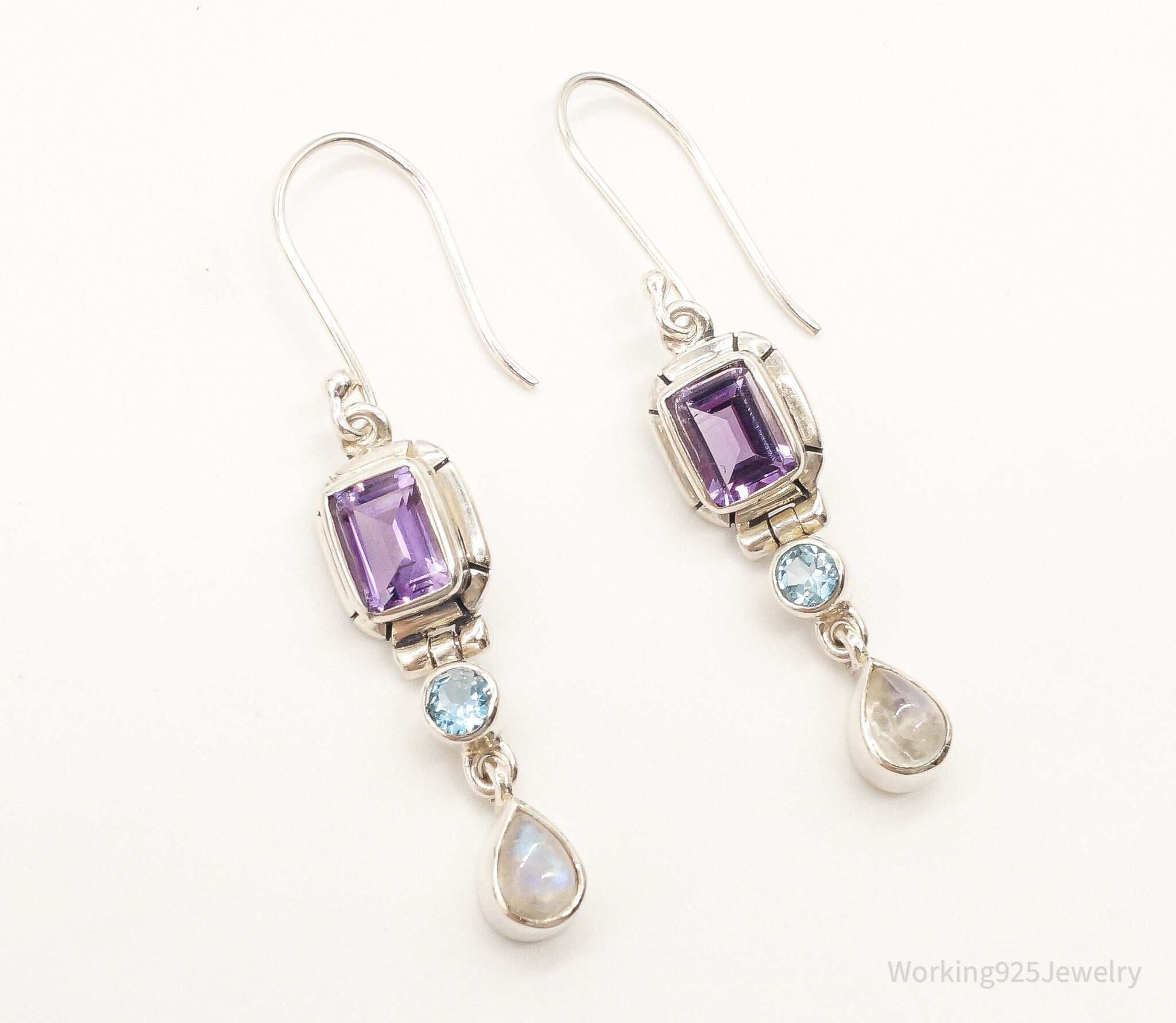 Vintage Amethyst Blue Topaz Moonstone Sterling Silver Earrings