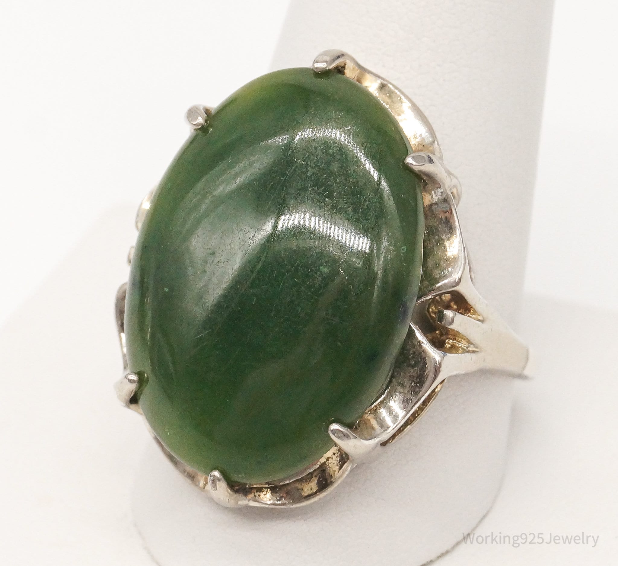 Antique Large Nephrite Jade Sterling Silver Ring - Size 10.75