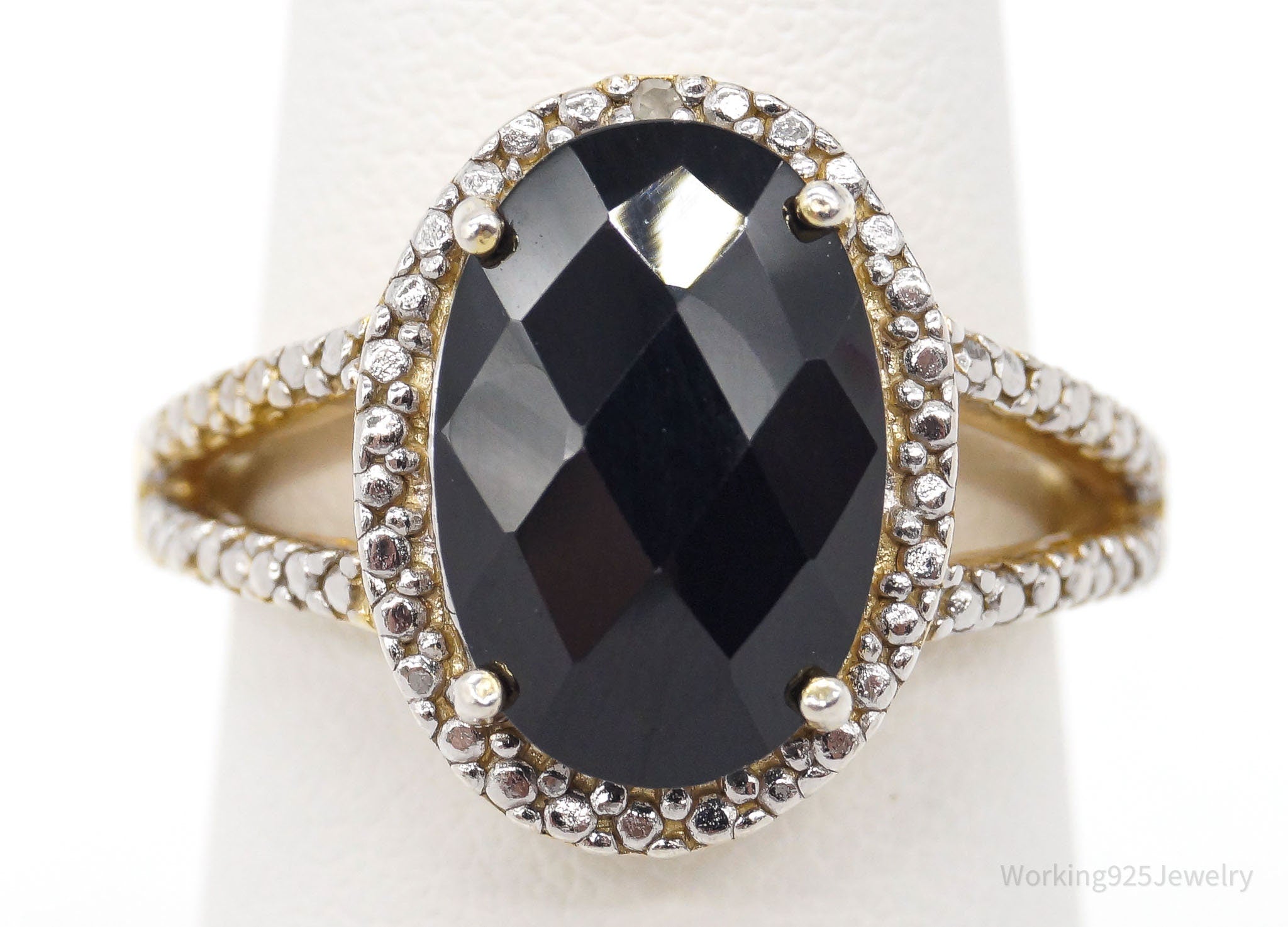 Designer FAS Black Spinel One Diamond Gold Over Sterling Silver Ring - Size 6