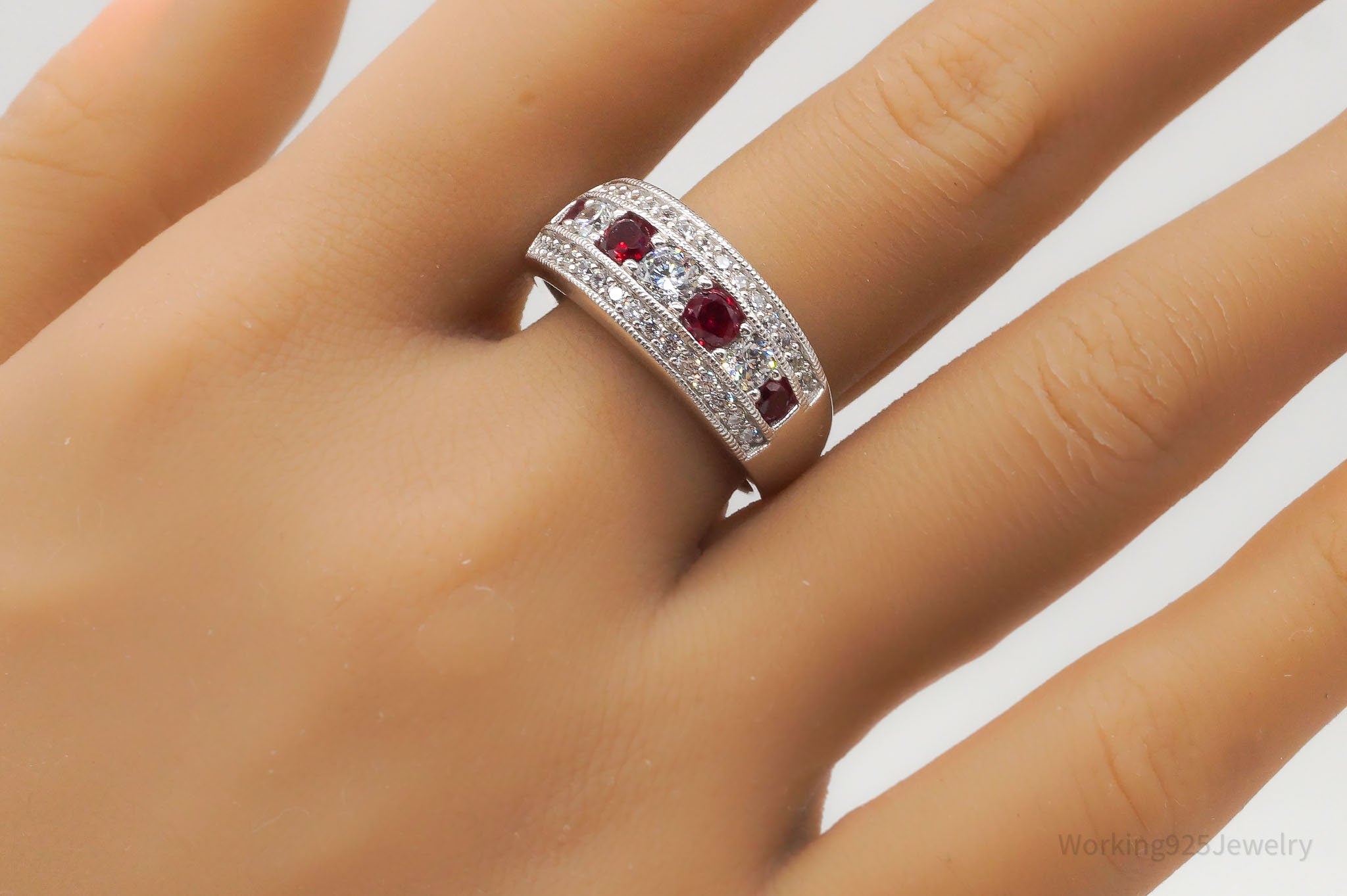 Lab Ruby Cubic Zirconia Platinum Clad Sterling Silver Ring SZ 9.75