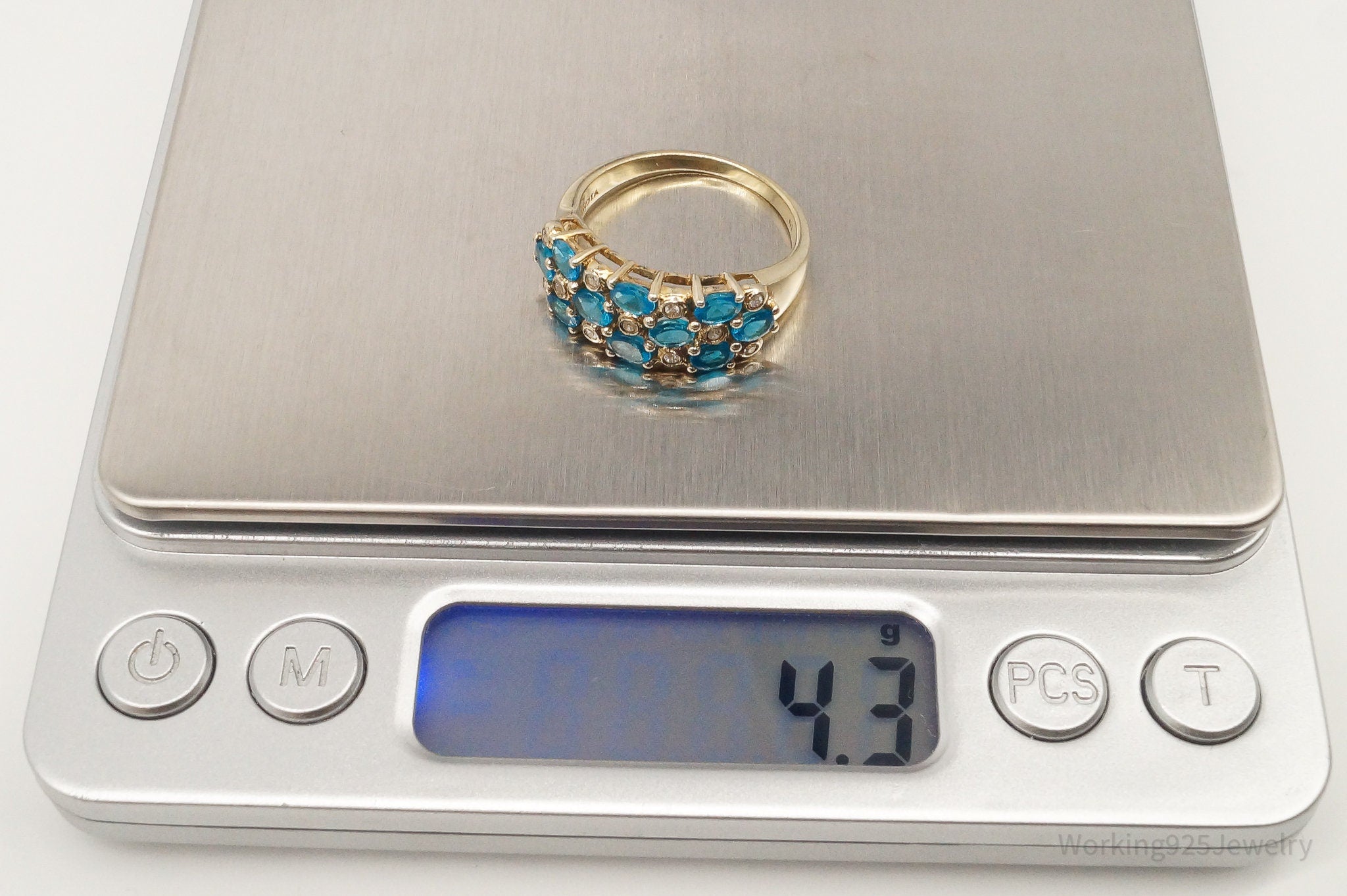 Vintage Blue Stone Cubic Zirconia Gold Vermeil Sterling Silver Ring - Size 9