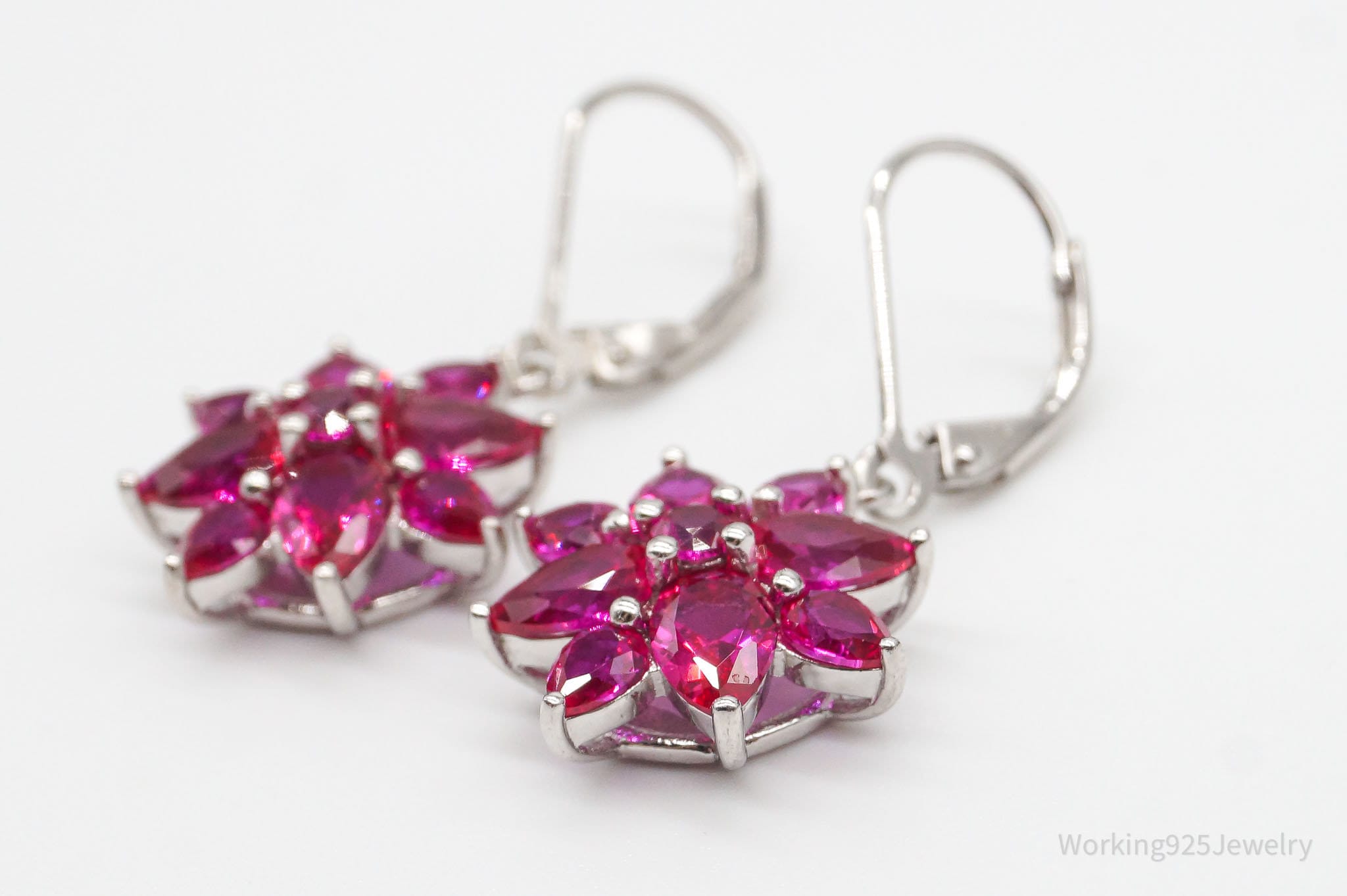 Designer BBJ Lab Ruby Rhodium Over Sterling Silver Flowers Earrings