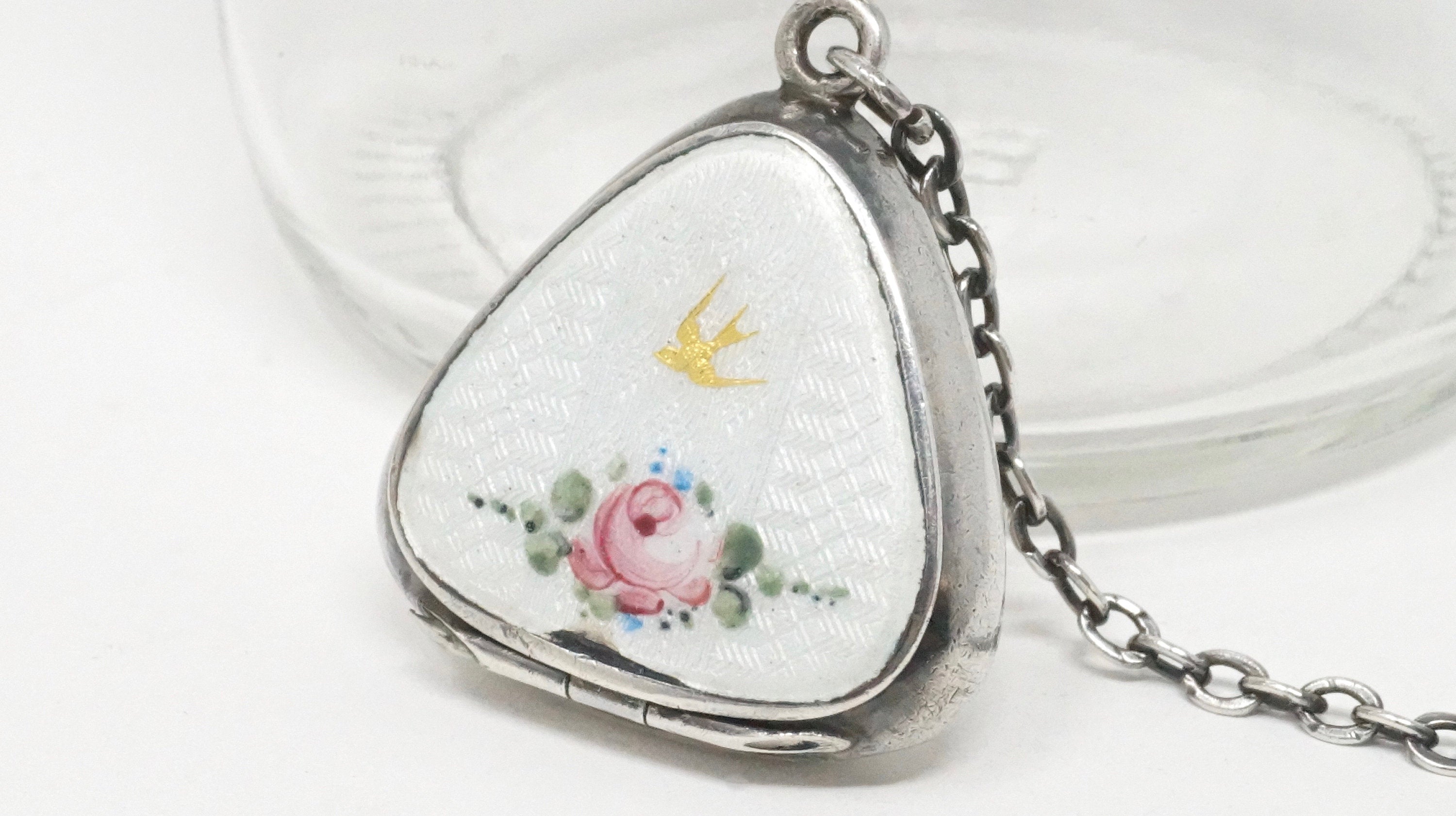 Antique 1800s Bliss Bros Co Floral Enamel Rose Sparrow Sterling Silver Pill Box