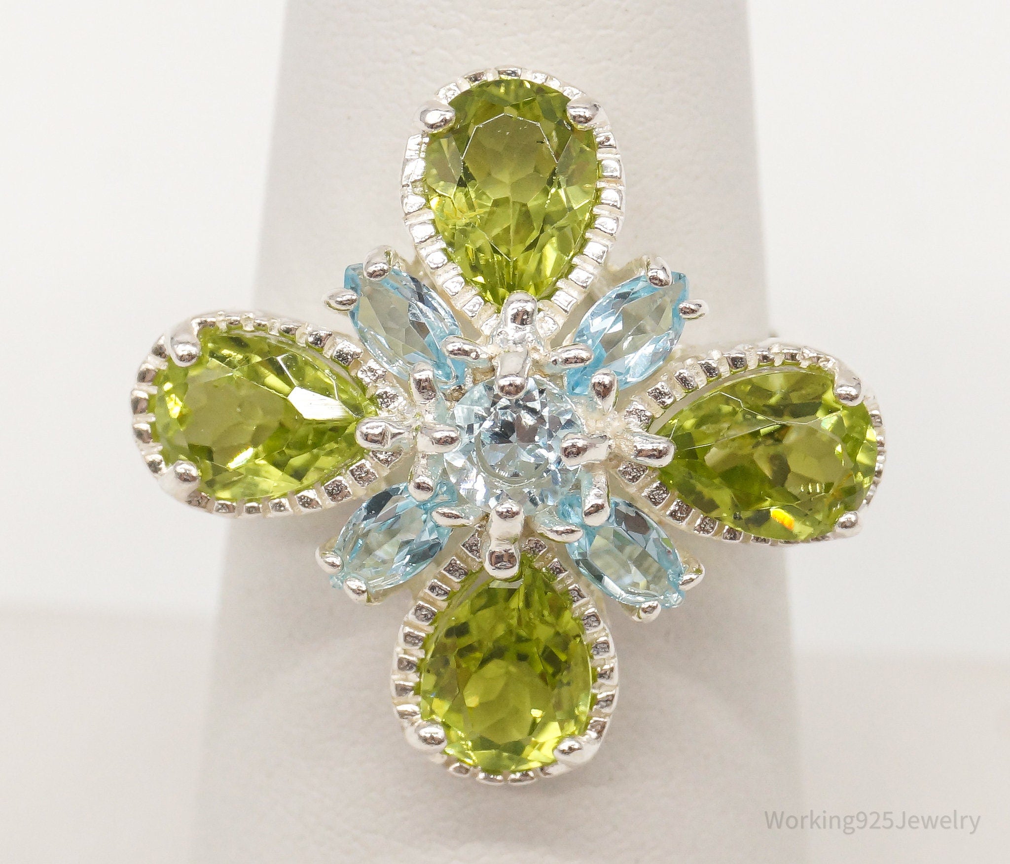 Vintage Designer Blue Topaz Peridot Flower Sterling Silver Ring - Size 6