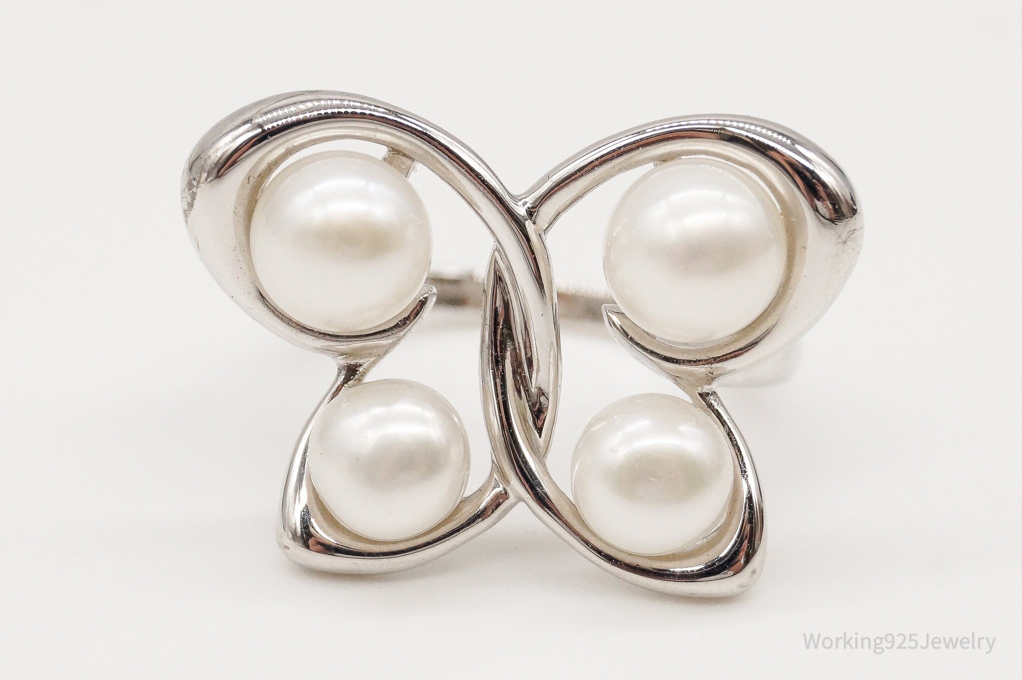 Designer Butterfly Pearls Sterling Silver Ring - Size 6