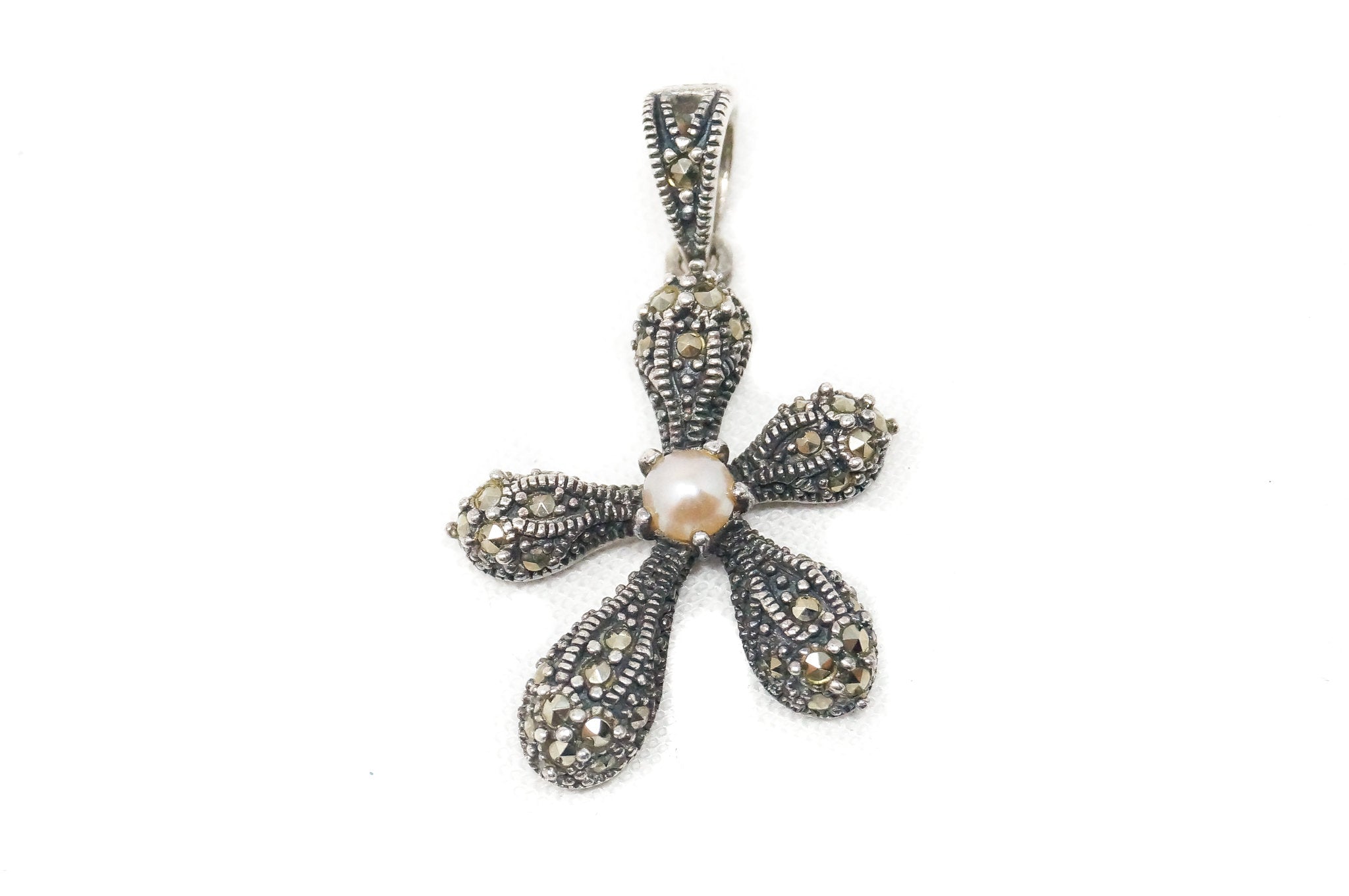 Vintage Flower Pearl Marcasite Sterling Silver Necklace Pendant