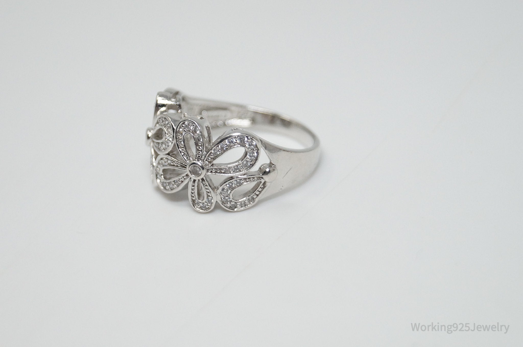 Vintage Designer SW Cubic Zirconia Floral Sterling Silver Ring - Sz 9