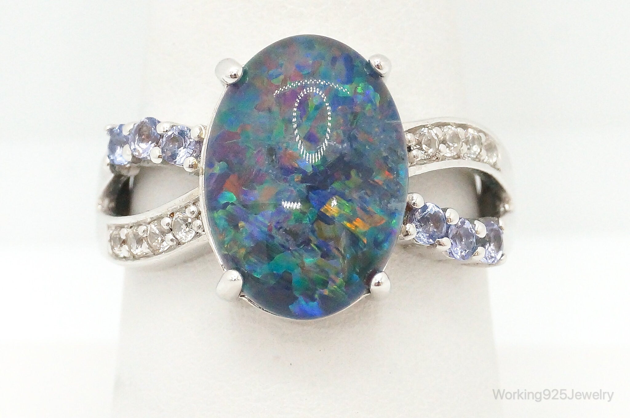 Designer BBJ Opal Iolite Cubic Zirconia Sterling Silver Ring Size 8