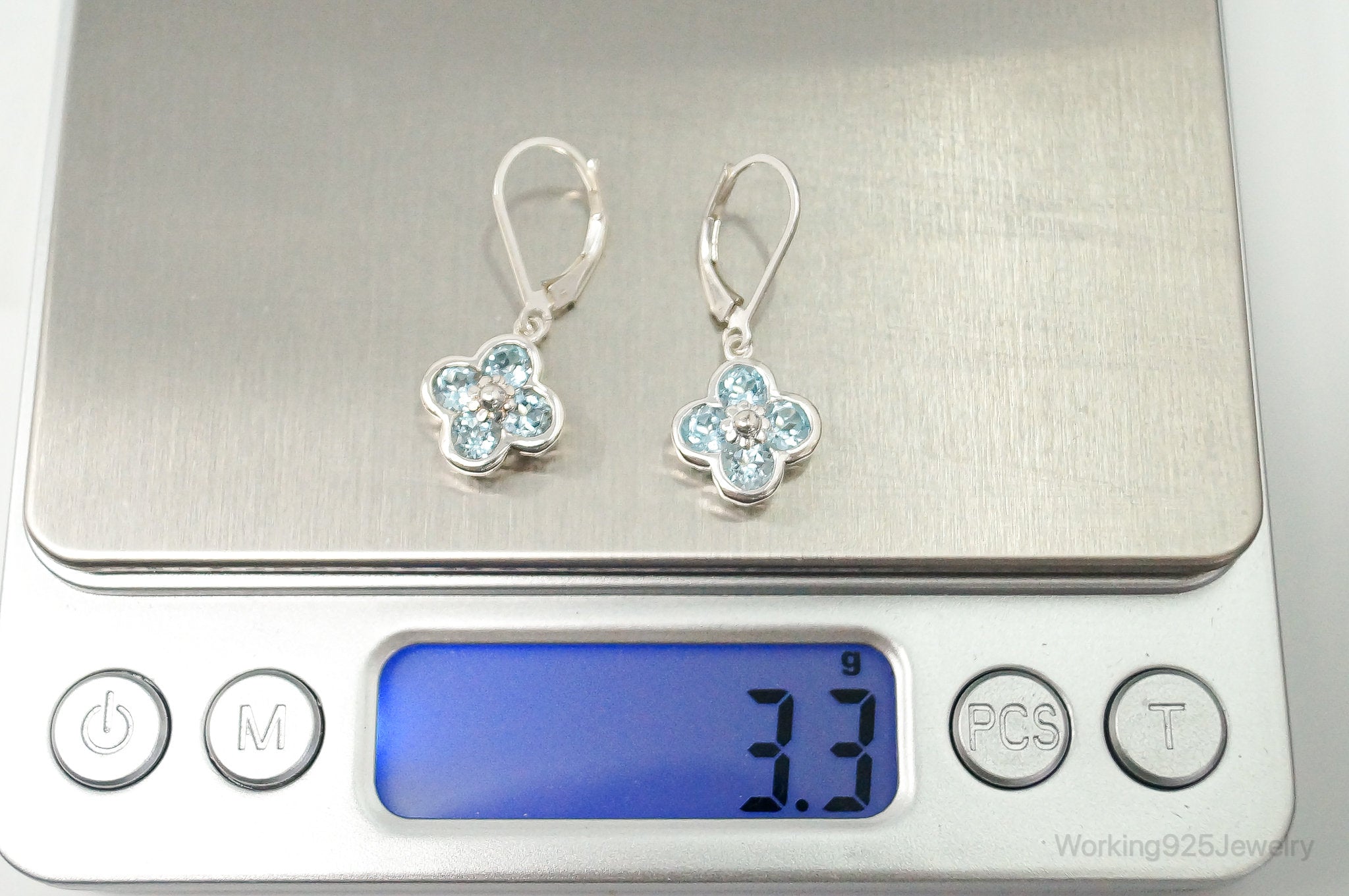 Designer Blue Topaz Flowers Sterling Silver Earrings