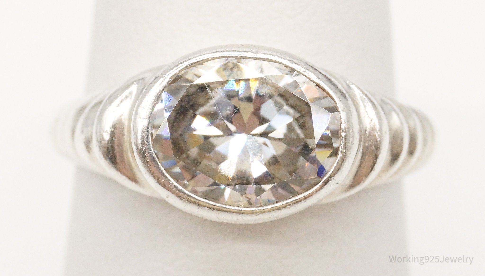 Vintage Large Cubic Zirconia Sterling Silver Ring - Size 6