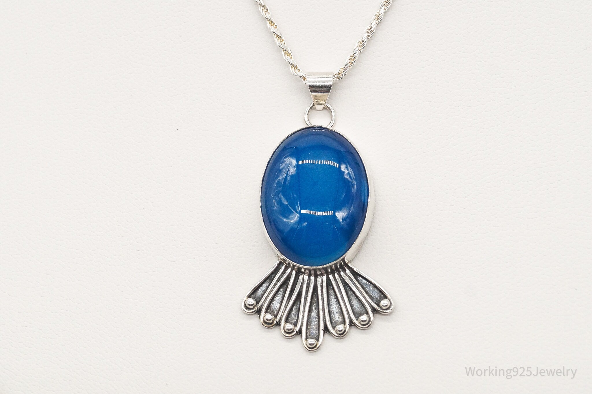 Vintage Deep Blue Chalcedony Sterling Silver Necklace