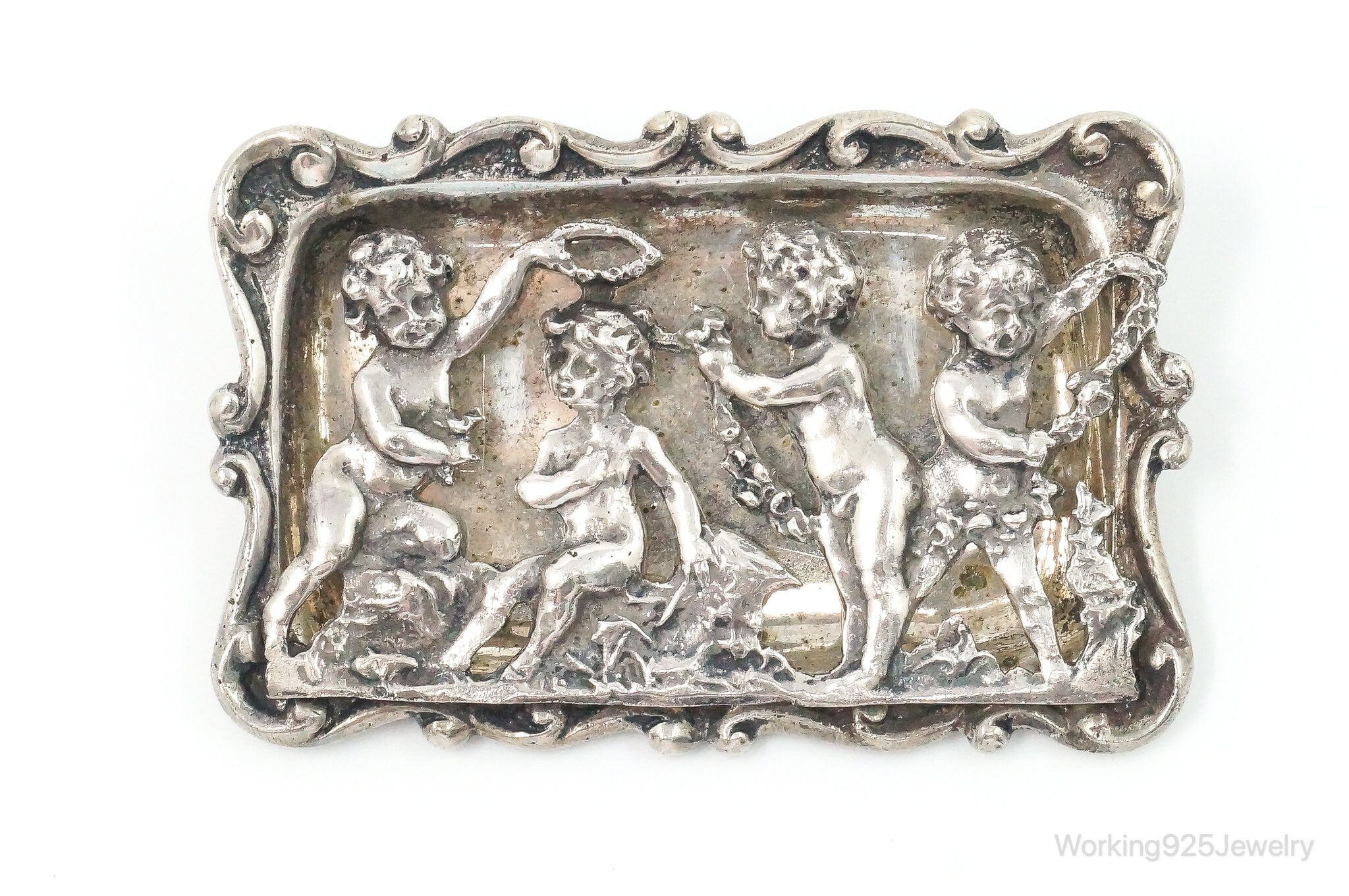 Rare Antique Handmade Cherubs With Garland Sterling Silver Brooch Pin