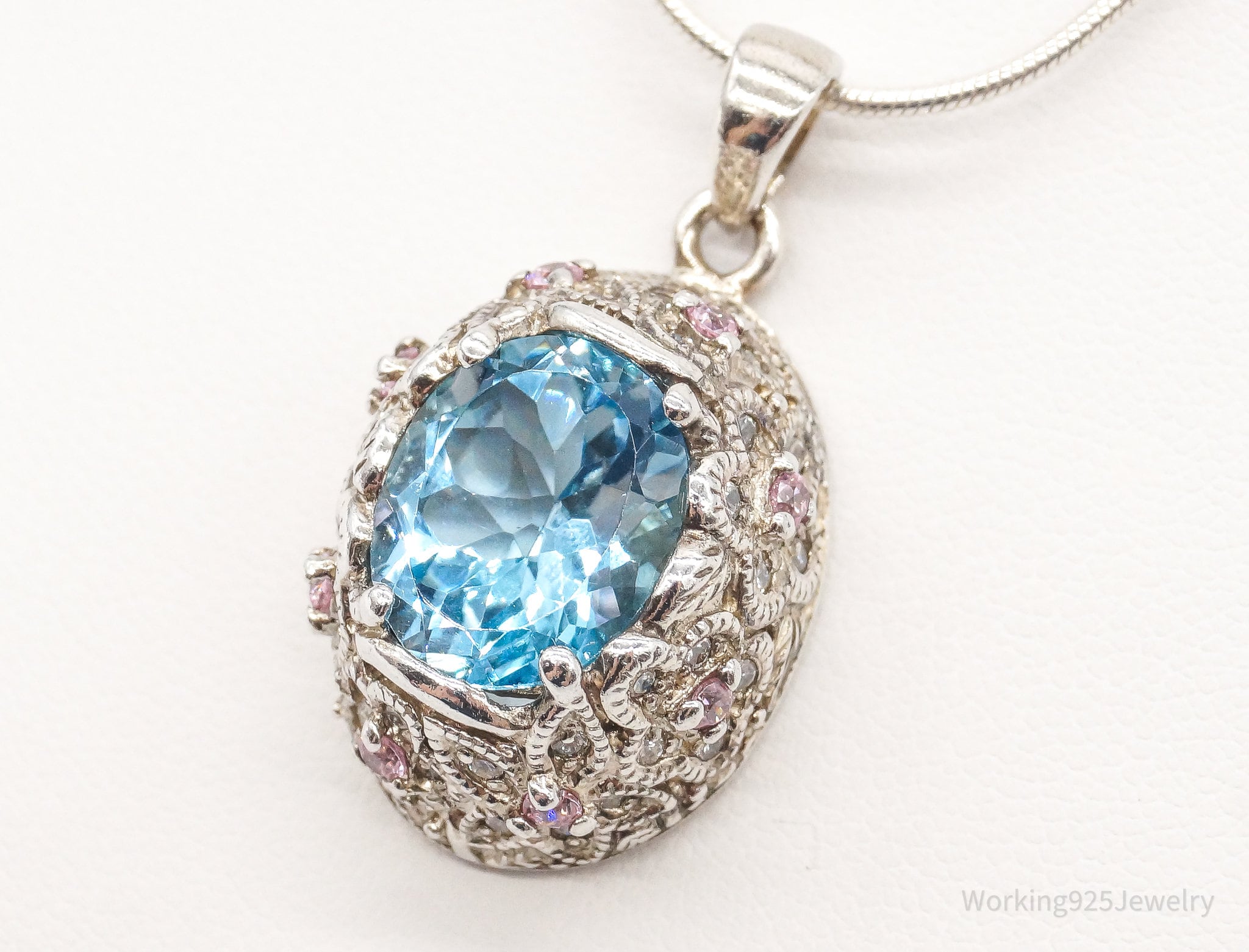 David Sigal Blue Topaz Pink & White Cubic Zirconia Sterling Silver Necklace