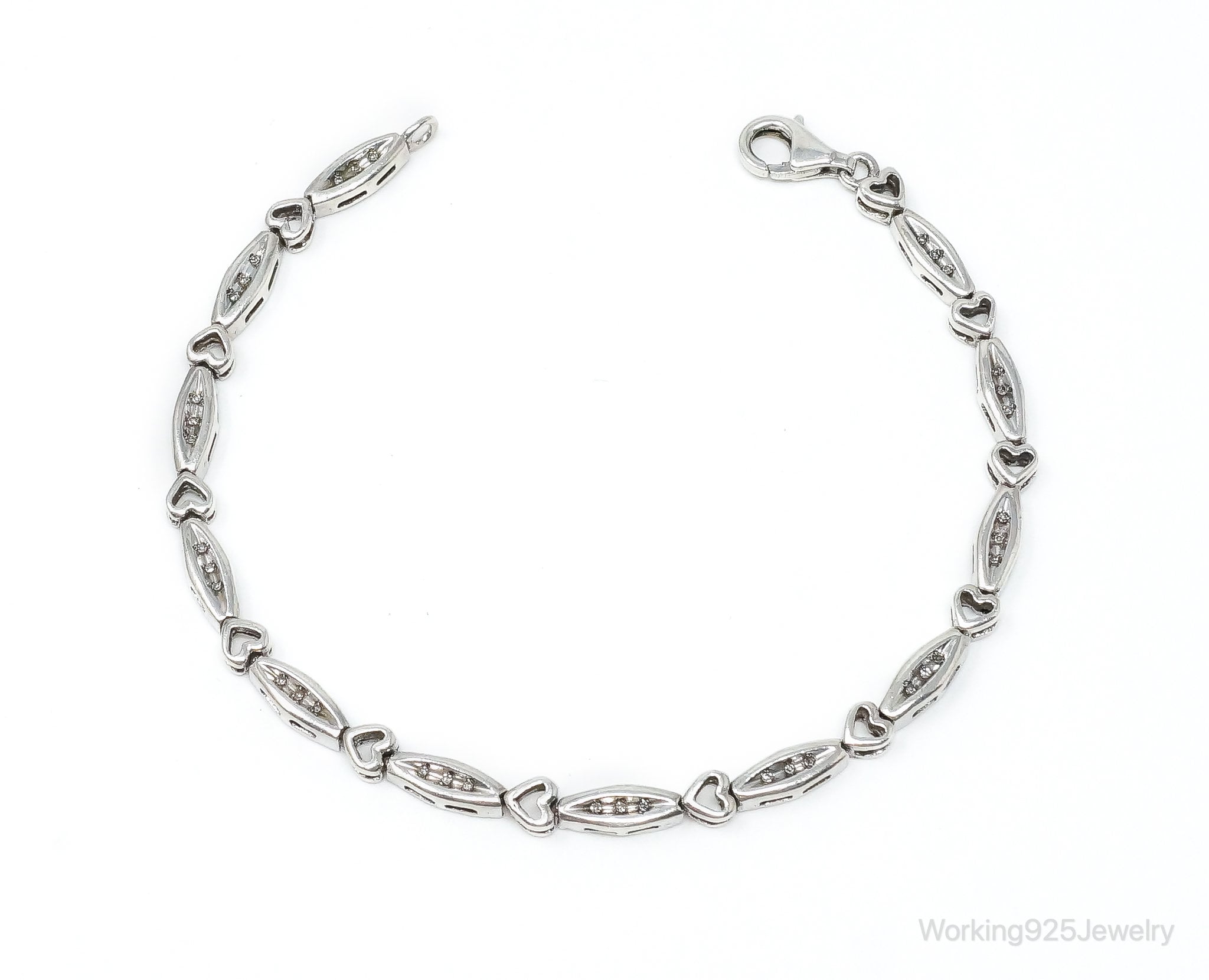 Vintage Diamonds Linked Hearts Sterling Silver Bracelet