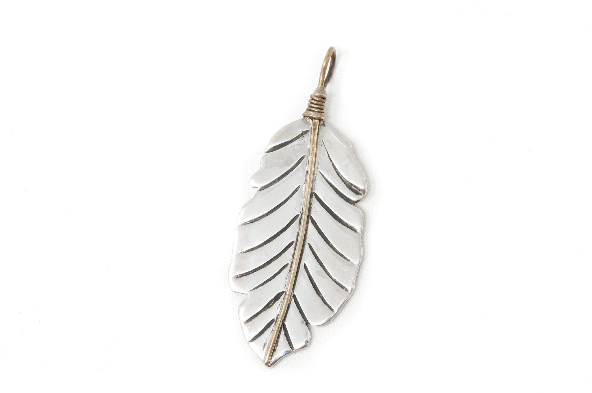 Native American Tobias Brass Feather Handmade Sterling Silver Necklace Pendant