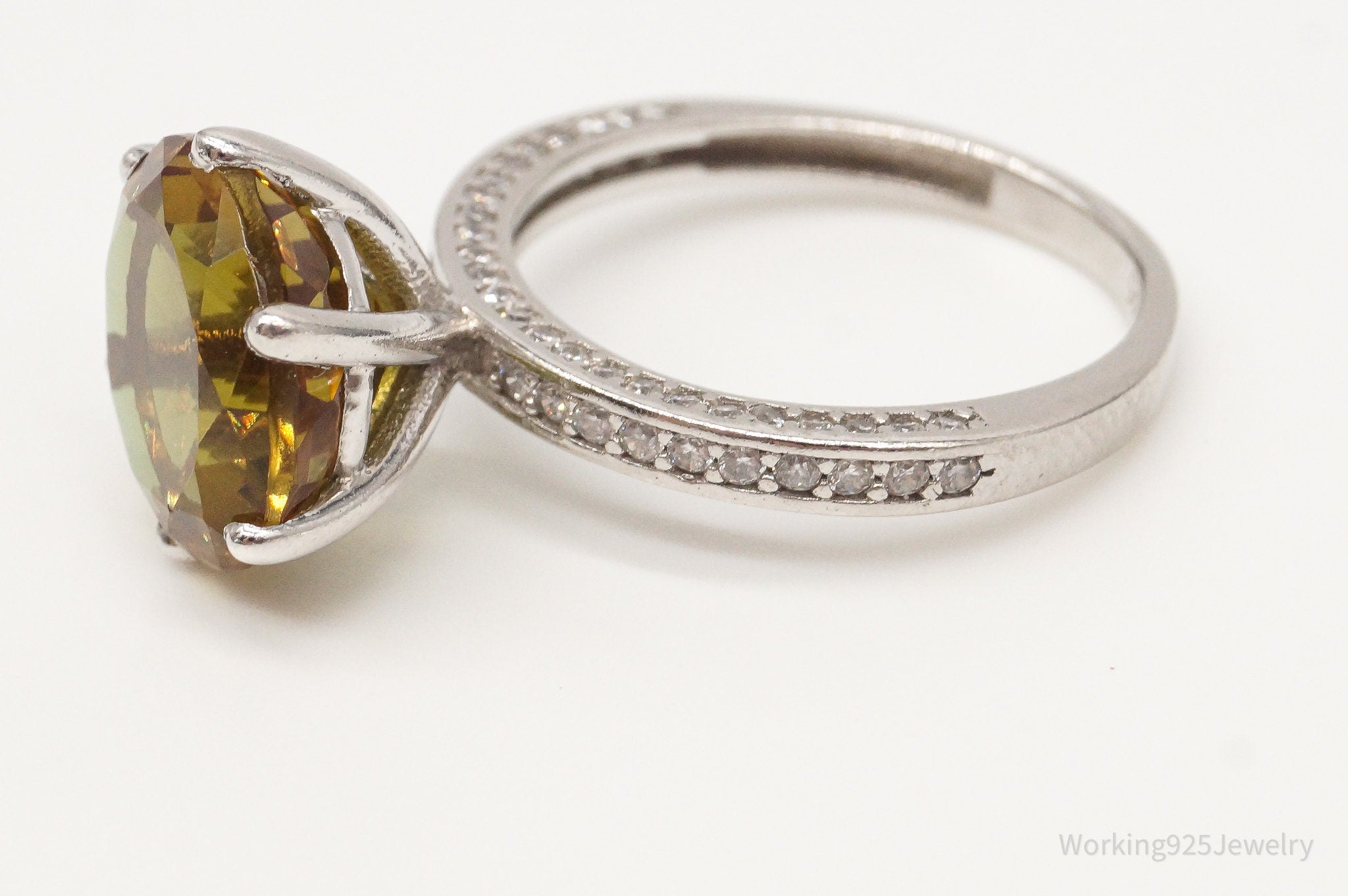 Vintage Large Citrine Cubic Zirconia Sterling Silver Ring Size 7.25