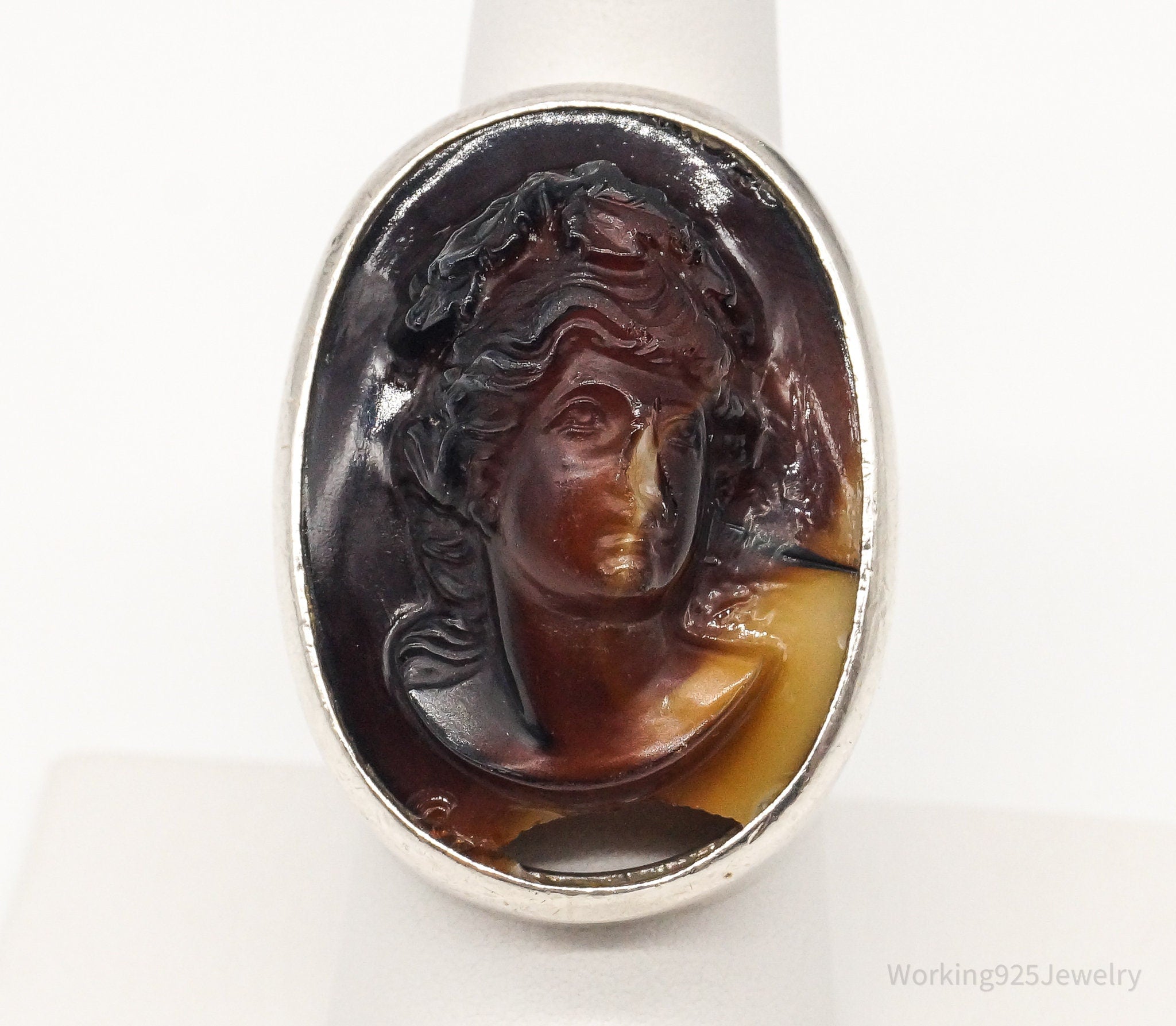 Antique Large Carved Agate Woman Cameo Silver Ring - SZ 8