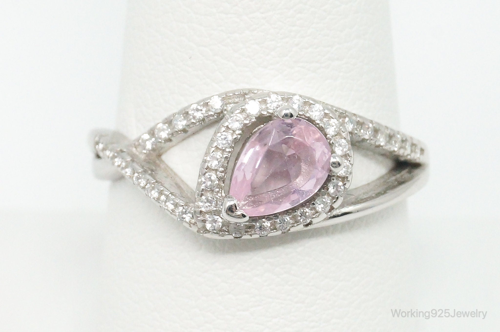 Rose Quartz Cubic Zirconia Sterling Silver Ring - Size 8.75