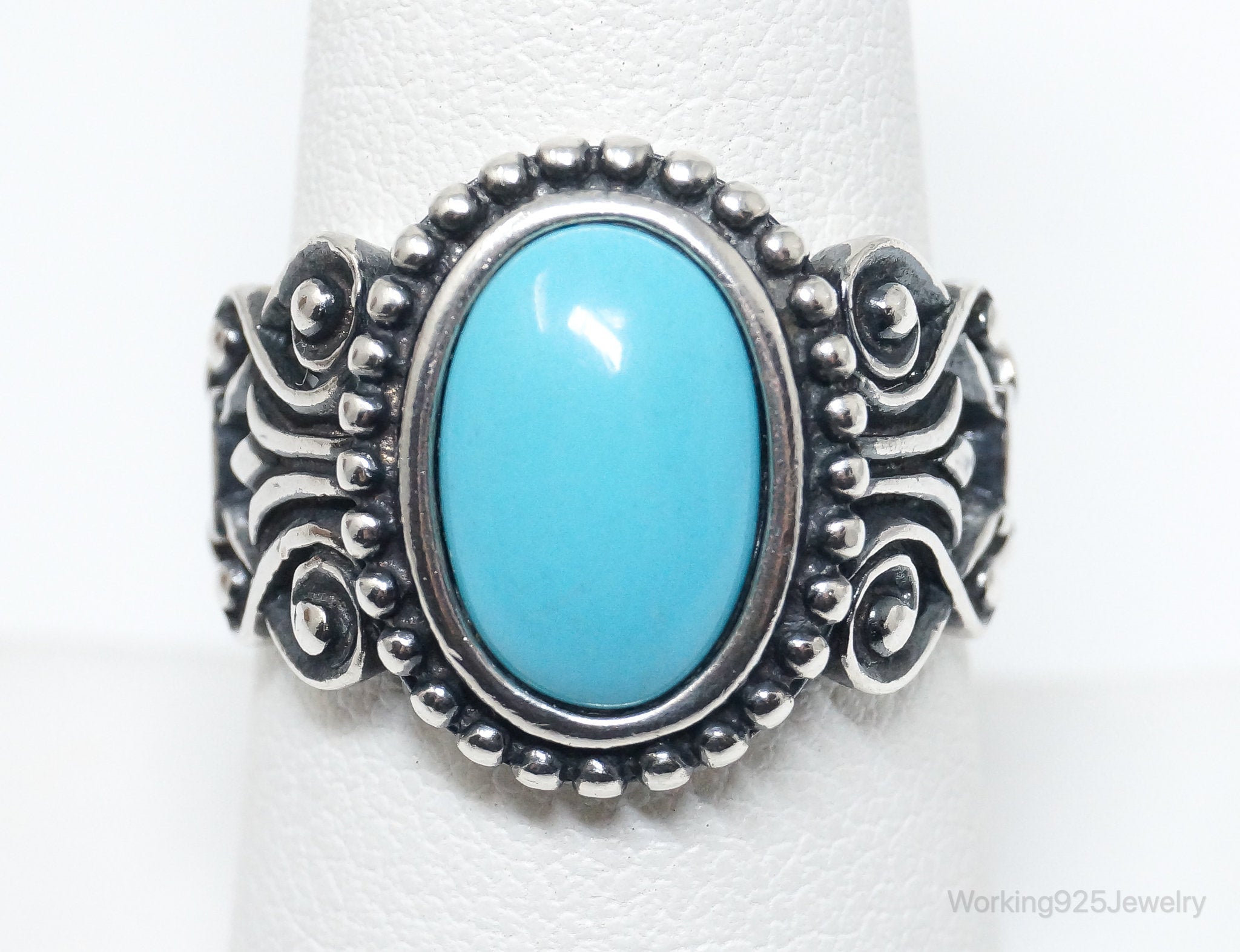 Vintage Designer Avon Turquoise Scroll Sterling Silver Ring - Size 8