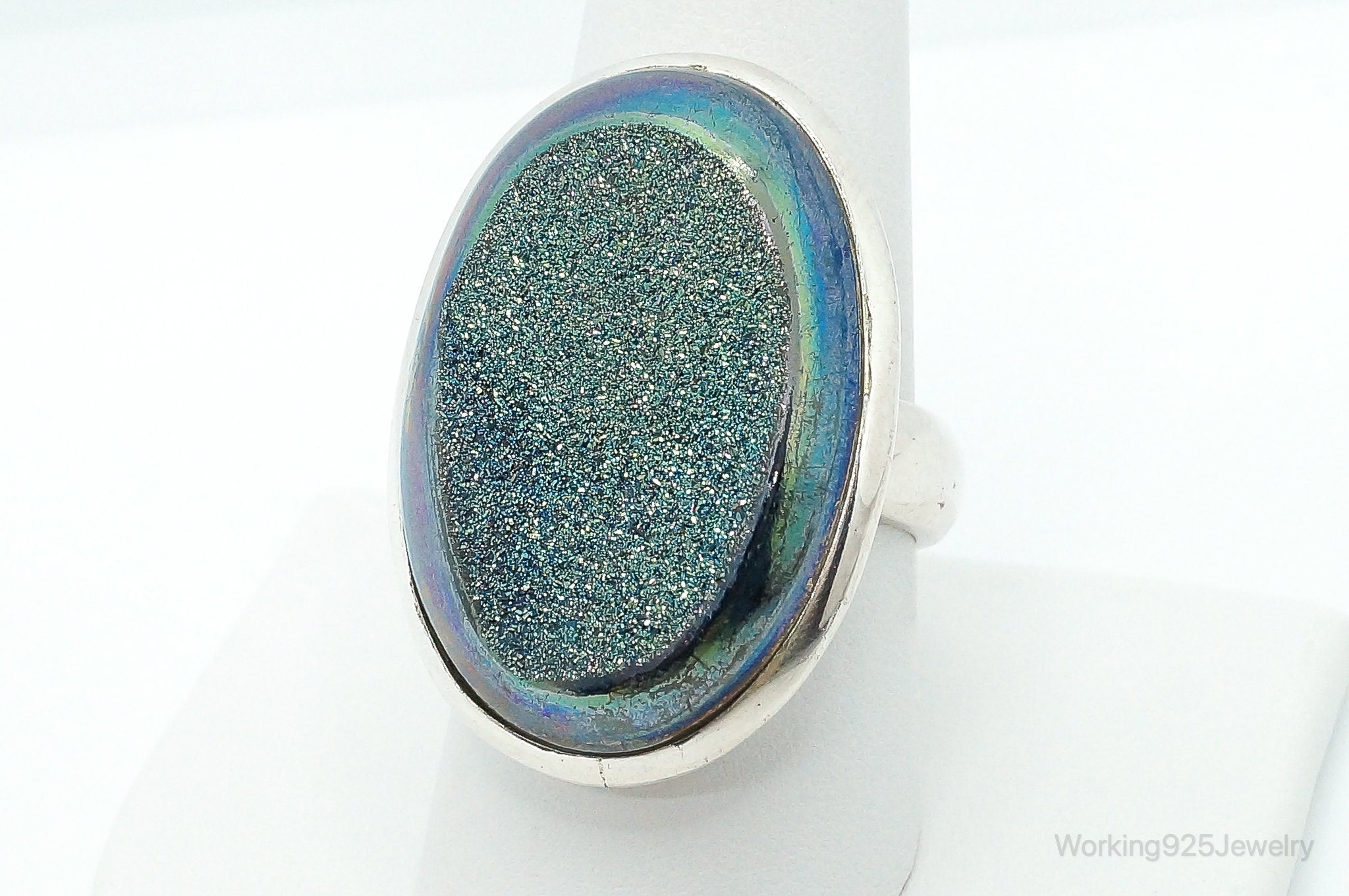 Large Rainbow Druzy Quartz Sterling Silver Ring - Size 9 Adjustable