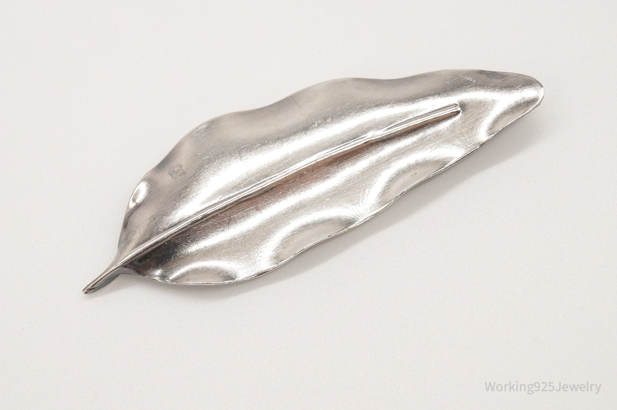 Large Antique Handmade Sterling Silver Leaf Pin Brooch