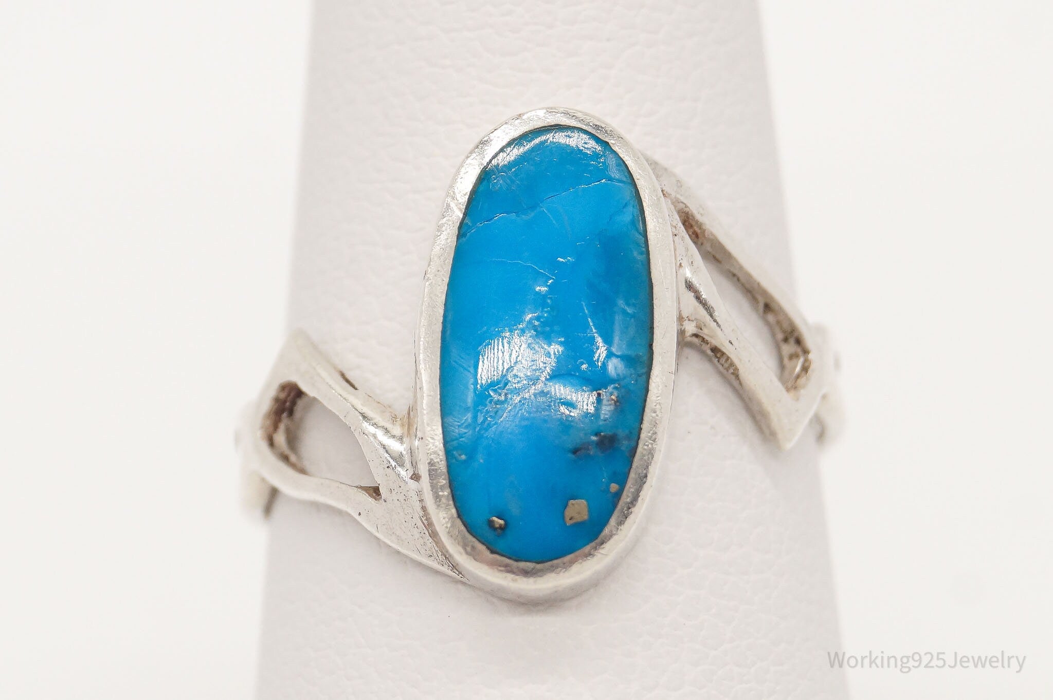 Vintage Blue Turquoise Modernist Sterling Silver Ring - Size 7.25