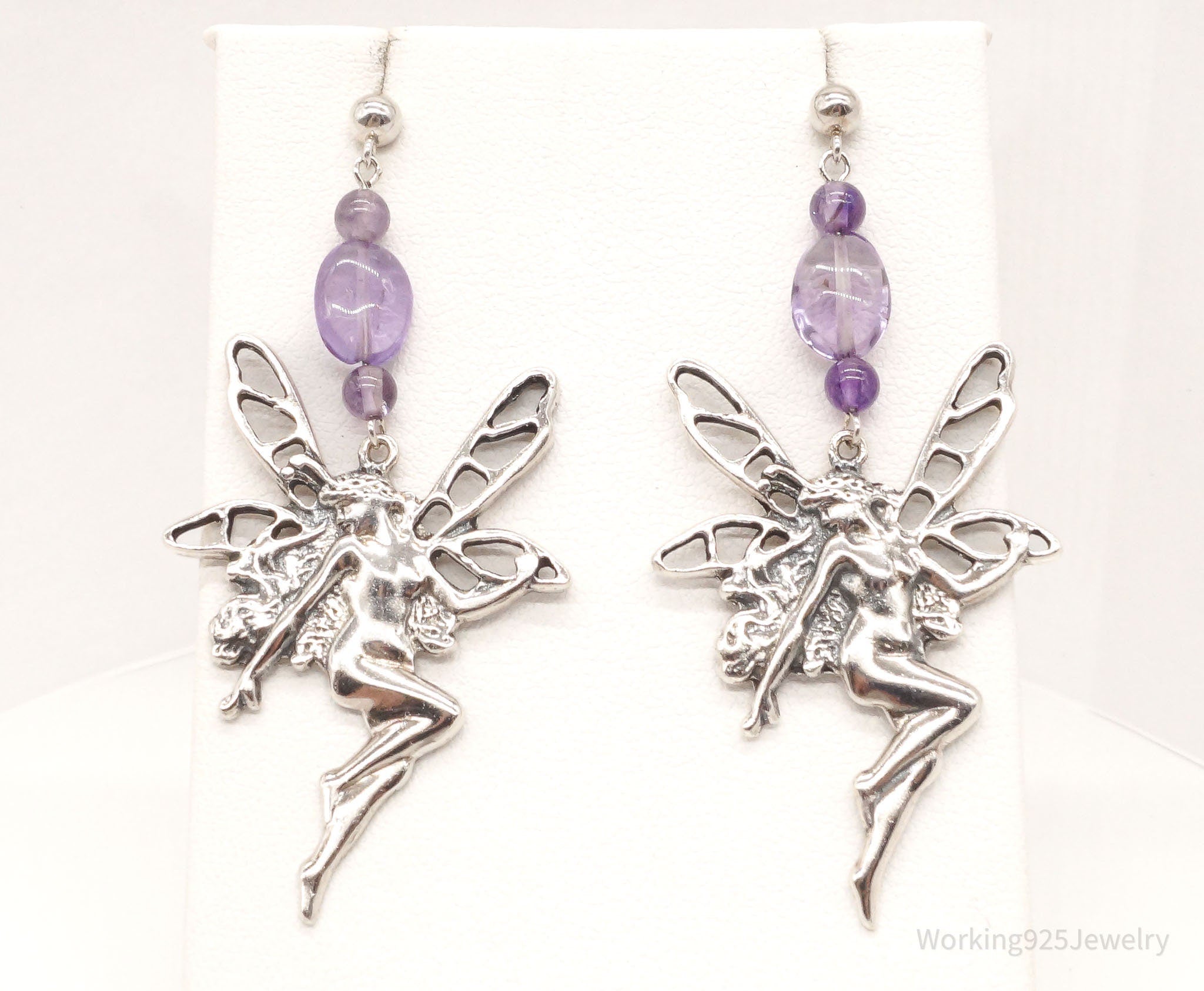 Vintage Designer Boma Amethyst Beads Sterling Silver Fairies Earrings