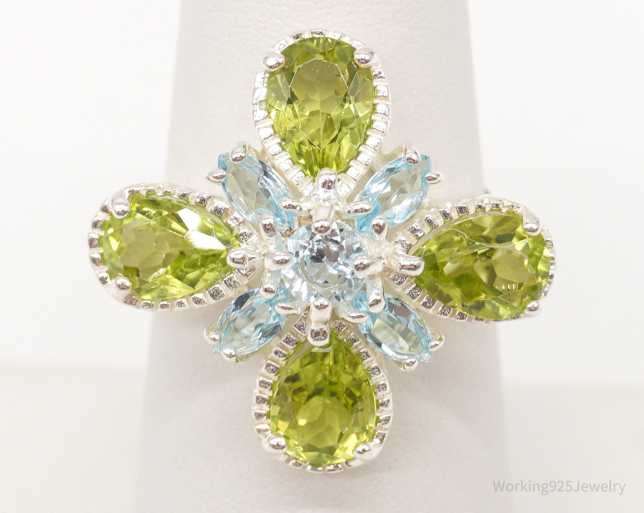 Vintage Designer Blue Topaz Peridot Flower Sterling Silver Ring - Size 6