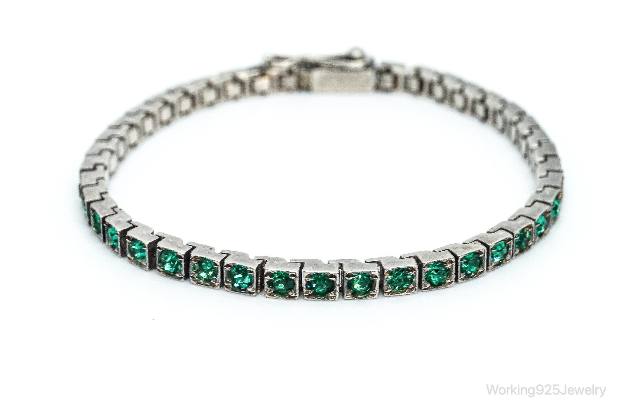 Antique Art Deco Green Rhinestone Sterling Silver Bracelet