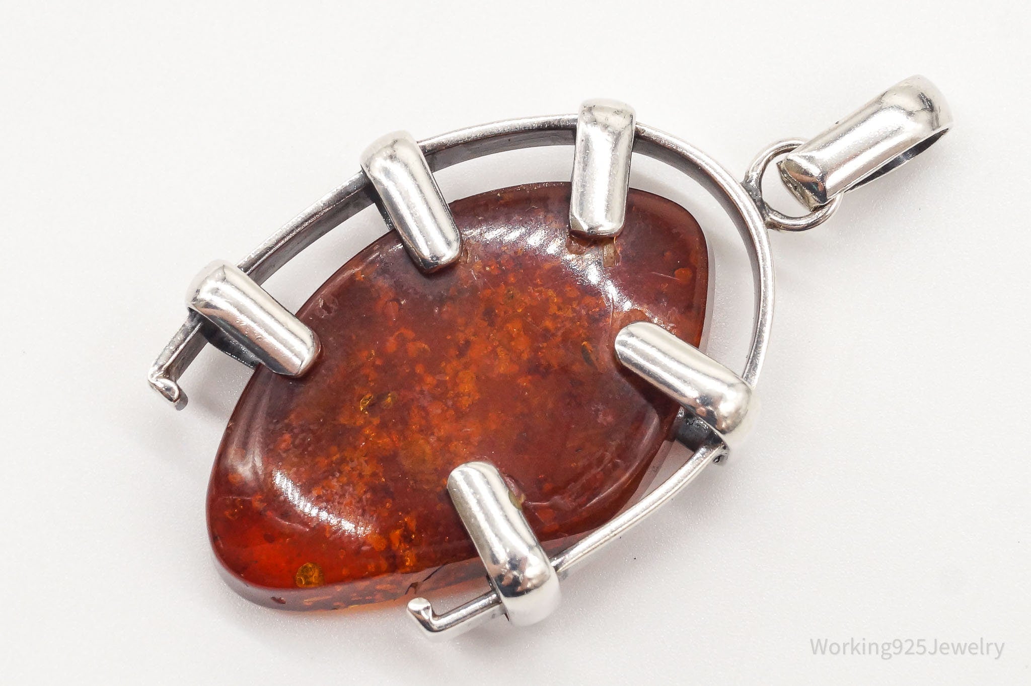 Large Vintage Amber Modernist Silver Necklace Pendant