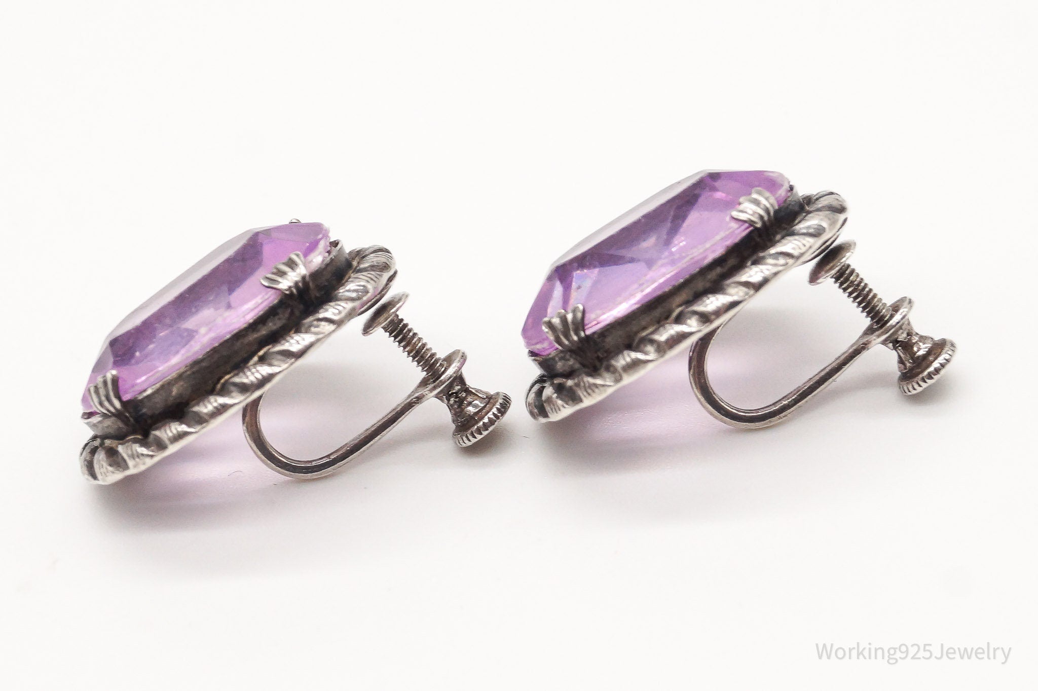 Antique Purple Faux Stone Sterling Silver Screw Back Earrings