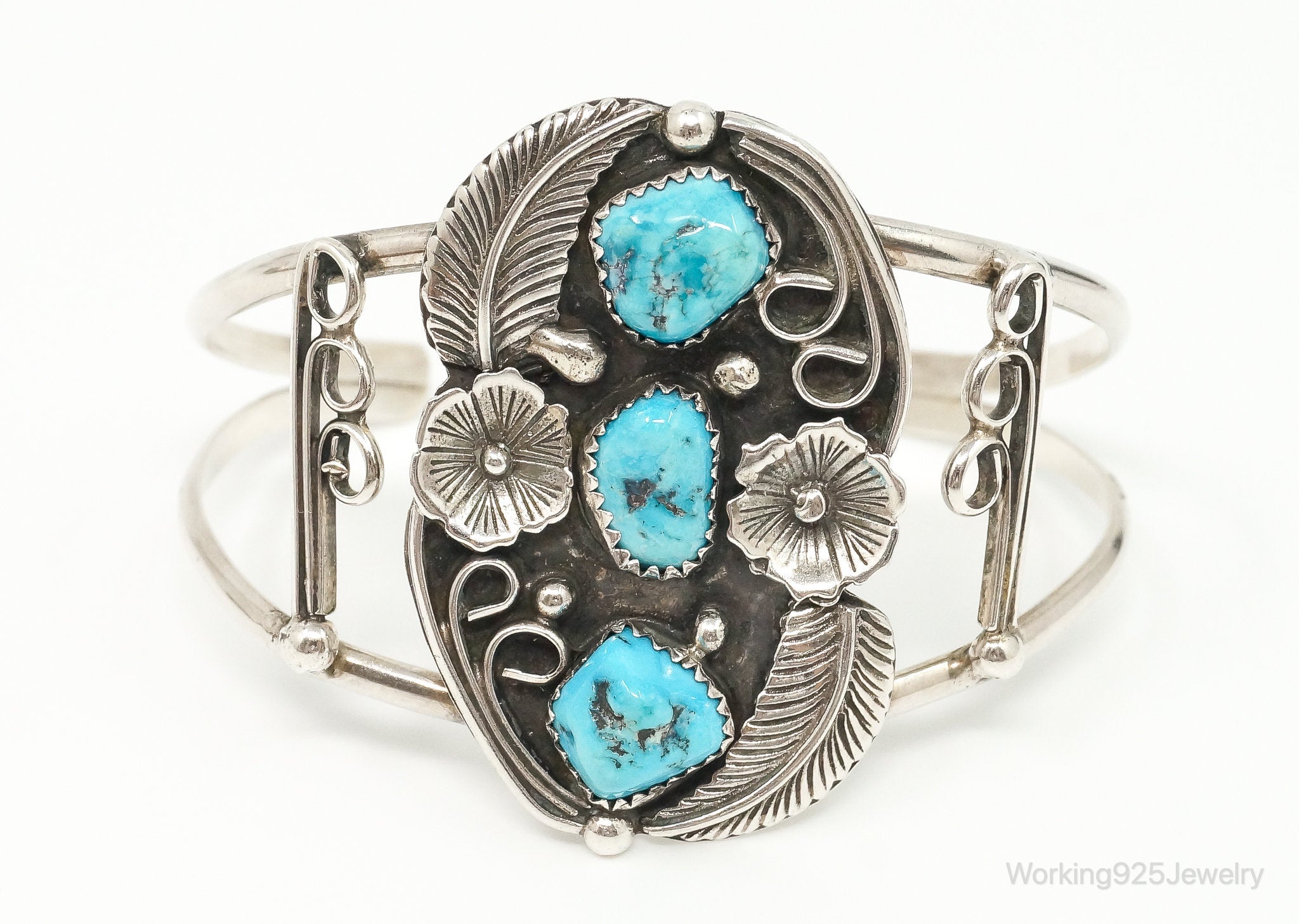 Large Vintage Handmade Native American Turquoise Sterling Silver Cuff Bracelet