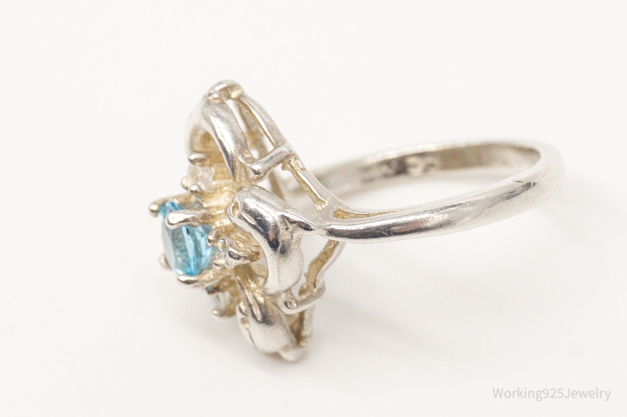 Vintage Blue Topaz Cubic Zirconia Swimming Dolphins Sterling Silver Ring SZ 5