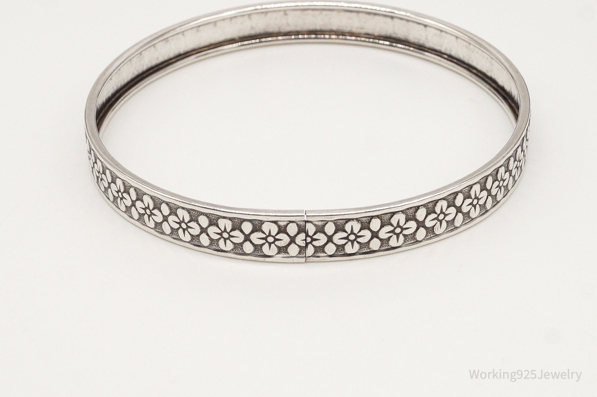 Antique Sterling Silver Floral Pattern Bangle Bracelet