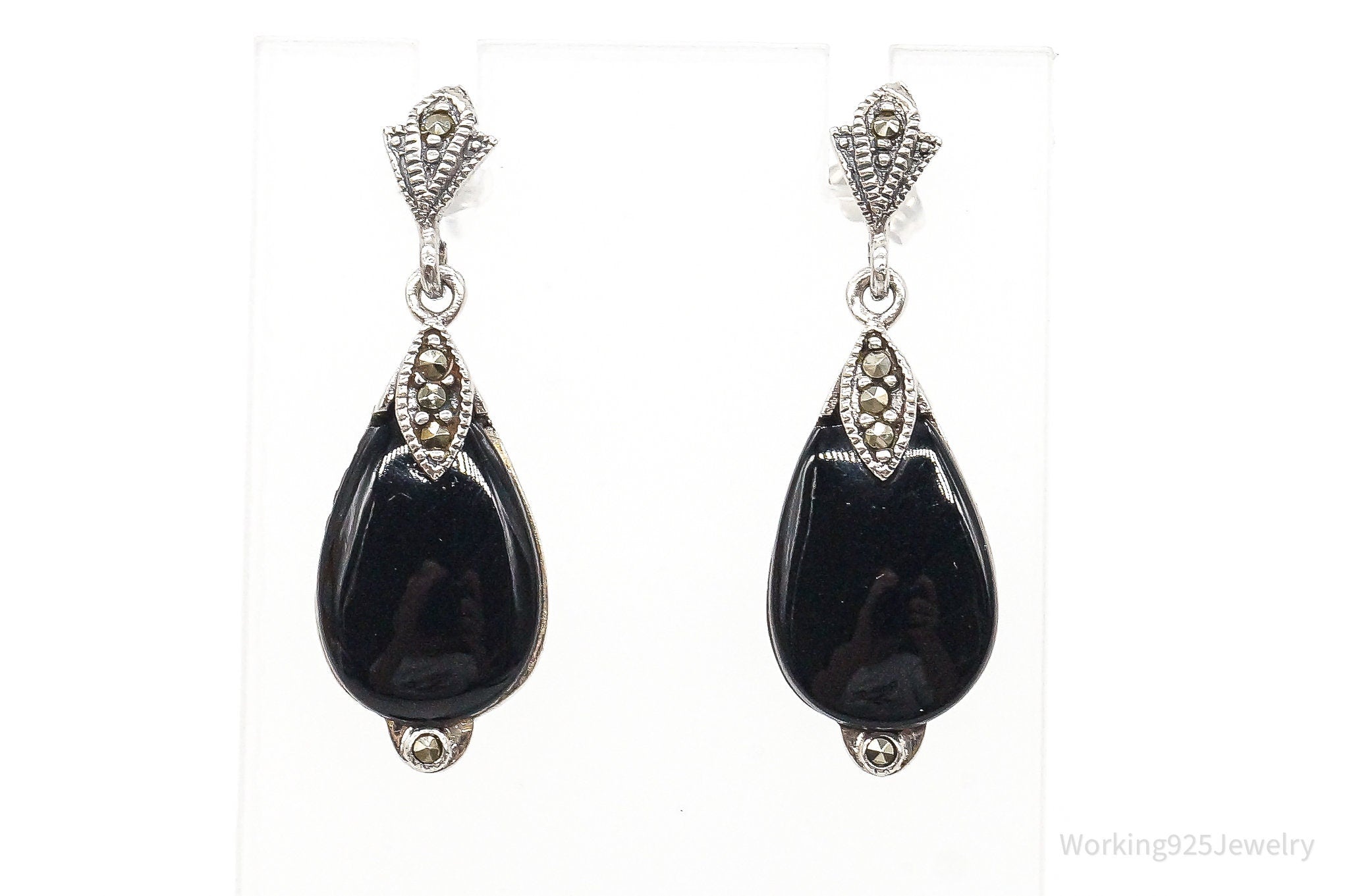 Vintage Black Onyx Marcasite Sterling Silver Earrings