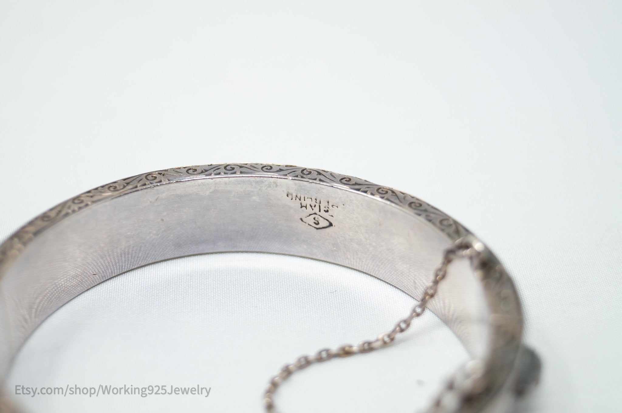 Rare Vintage Siam Niello Sterling Silver Motif Floral Etched Bracelet