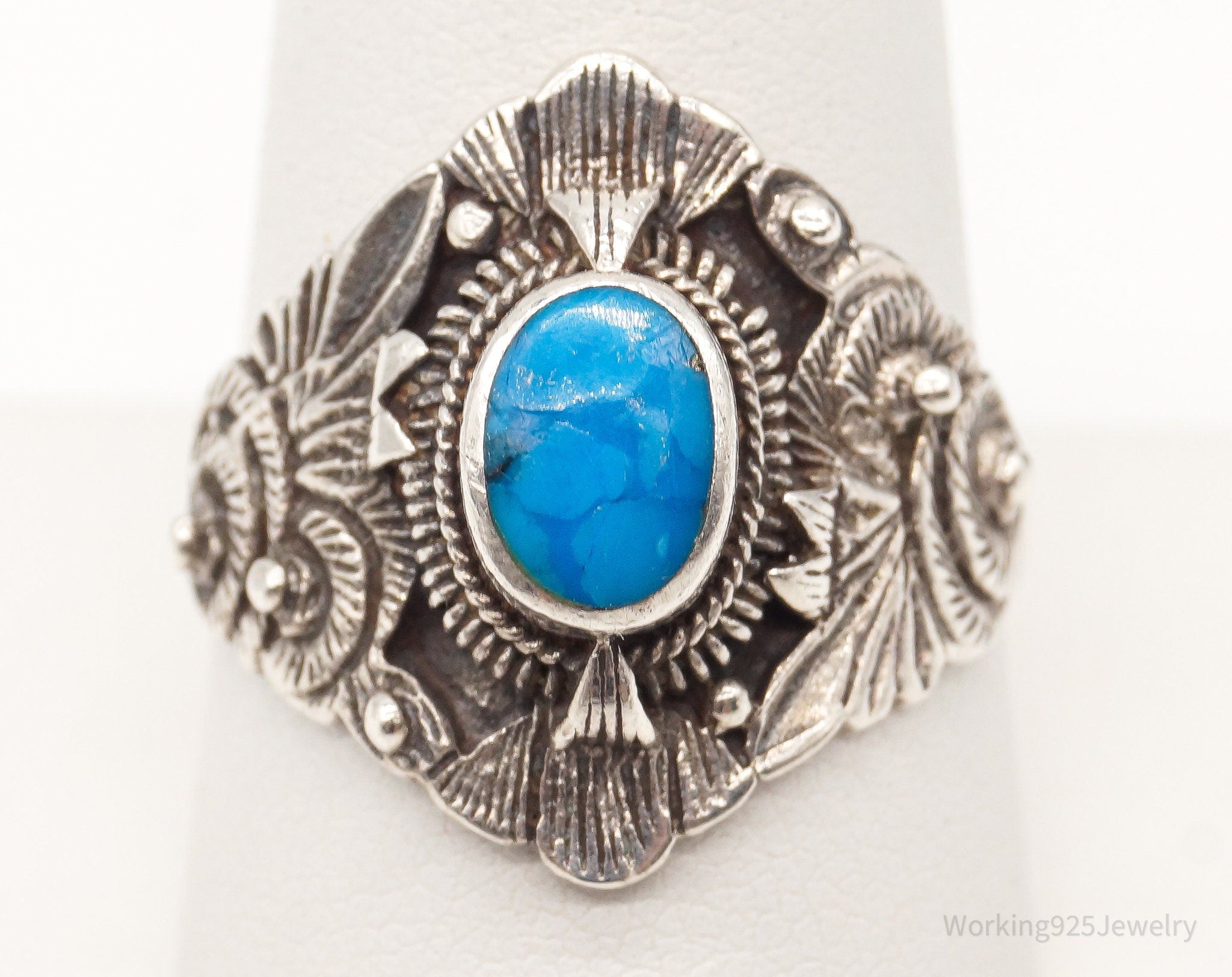 Vintage Blue Turquoise Sterling Silver Ring - Size 10