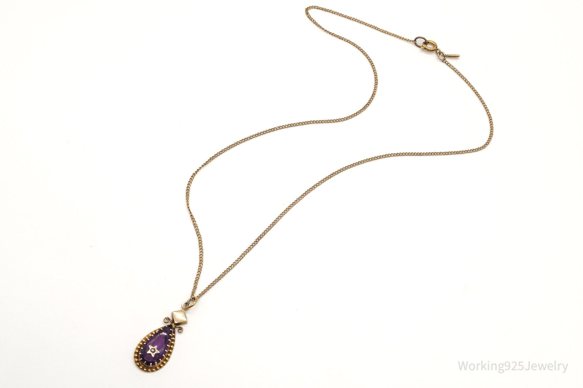 Vintage Amethyst Glass Seed Pearl Antique Style Gold Vermeil Necklace