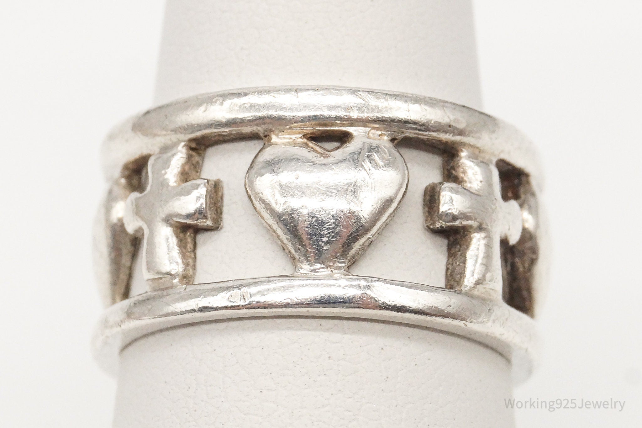 Vintage Hearts & Crosses Sterling Silver Ring - Size 6