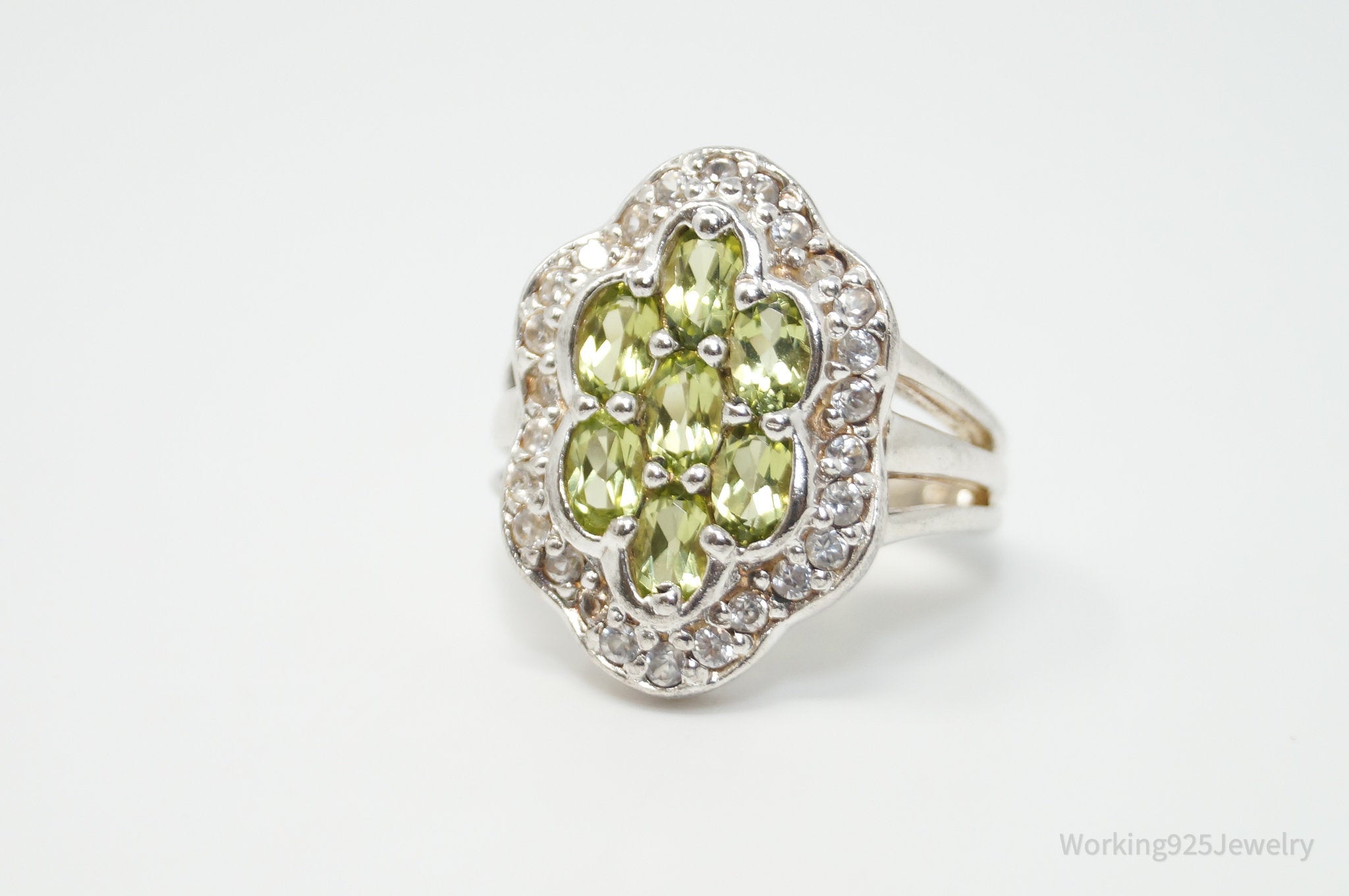 Vintage Green Peridot CZ Sterling Silver Statement Ring - Size 6.25