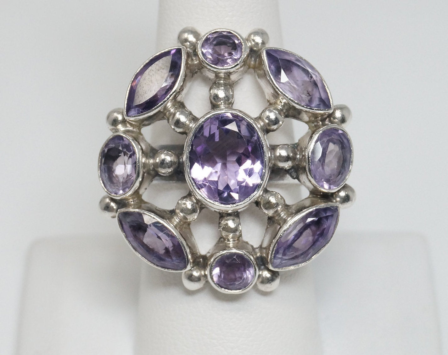 Vintage Art Deco Amethyst Sterling Silver Ring - Sz 8.5