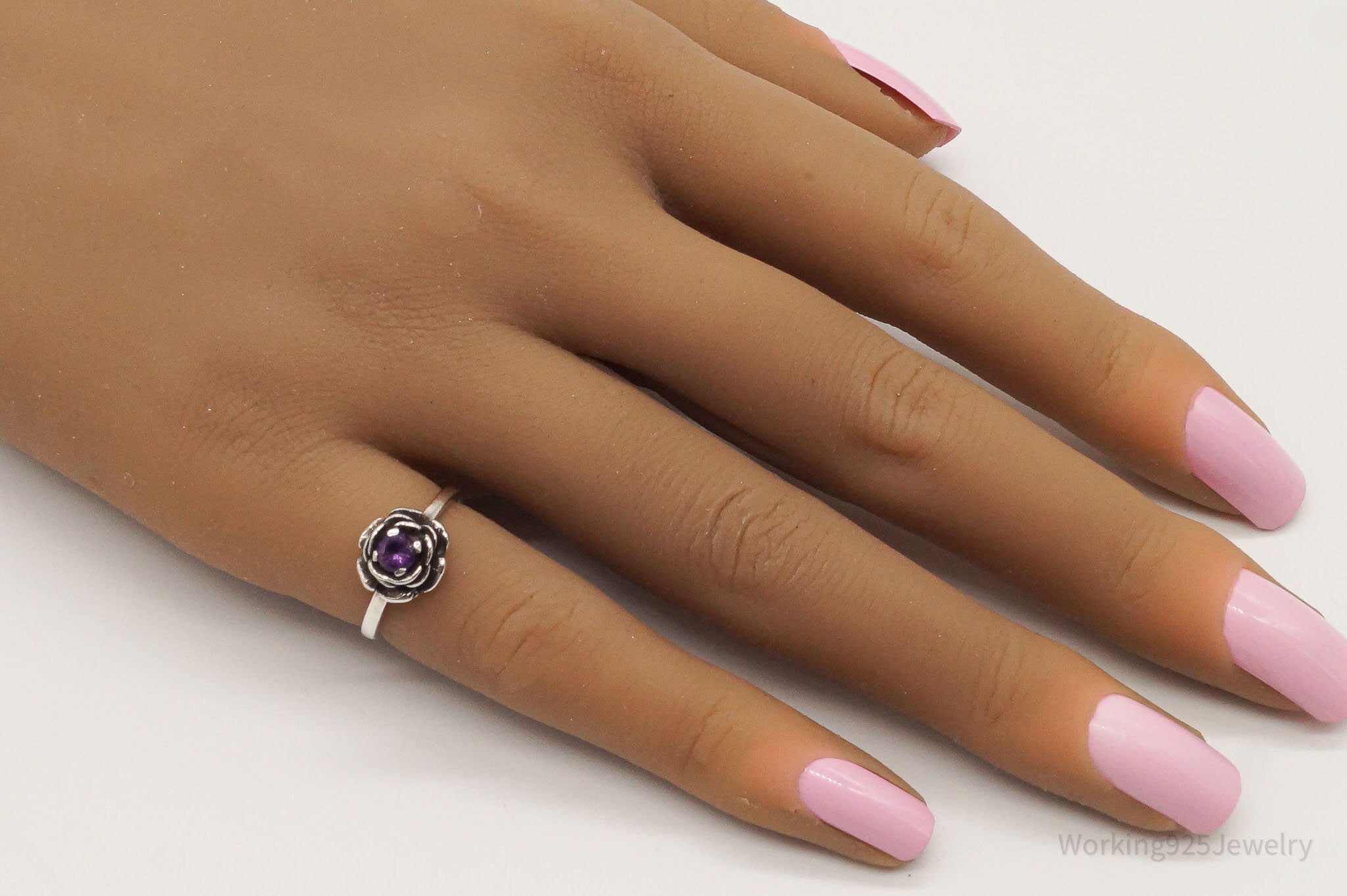 Vintage Amethyst Flower Sterling Silver Ring - Size 4